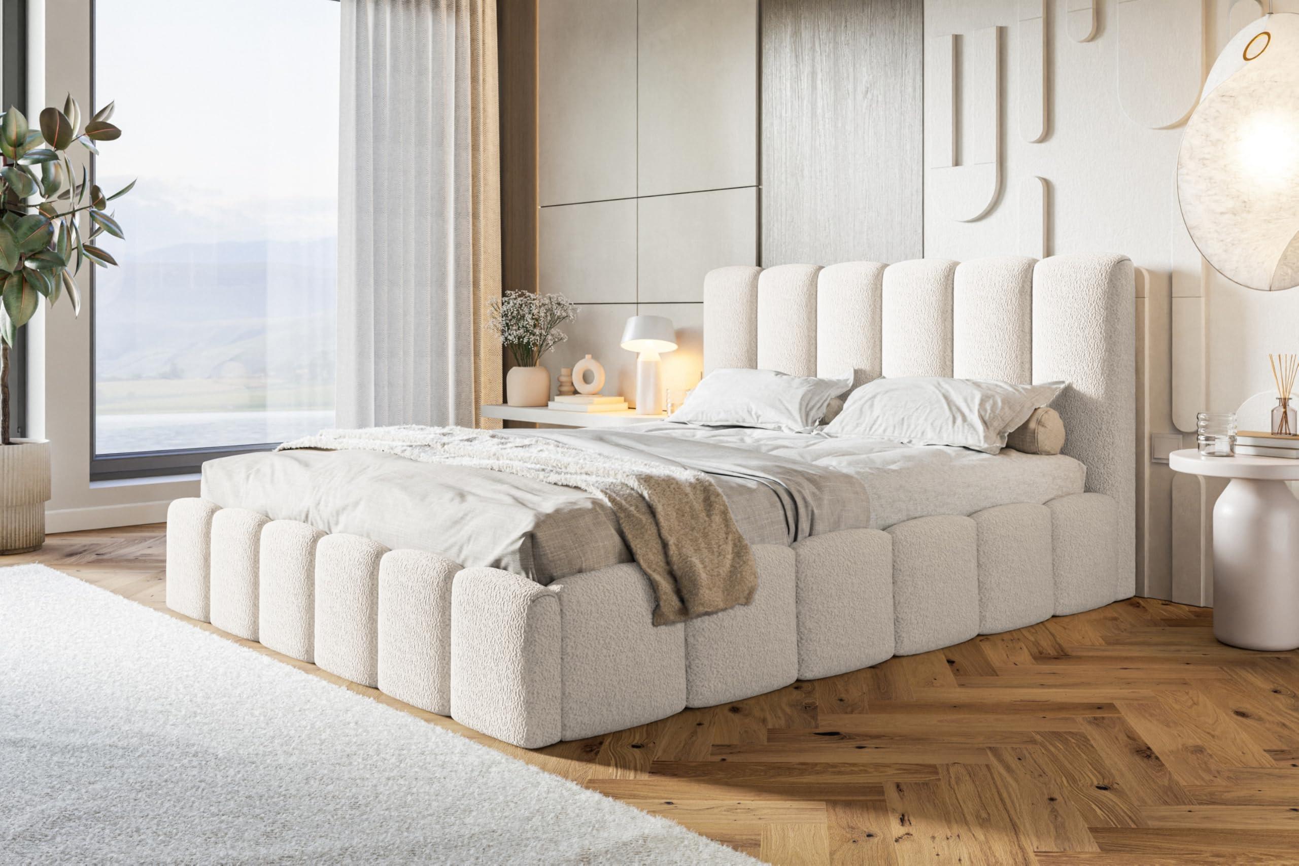 BETT 160x200 - Polsterbett mit Bettkasten und Metallrahmen - Modern Betten - Kuscheliger Catch-Me-Stoff - Kollektion Lucy - Weiß Textil Alpi-Möbel Möbel > Betten > Polsterbetten Weiß