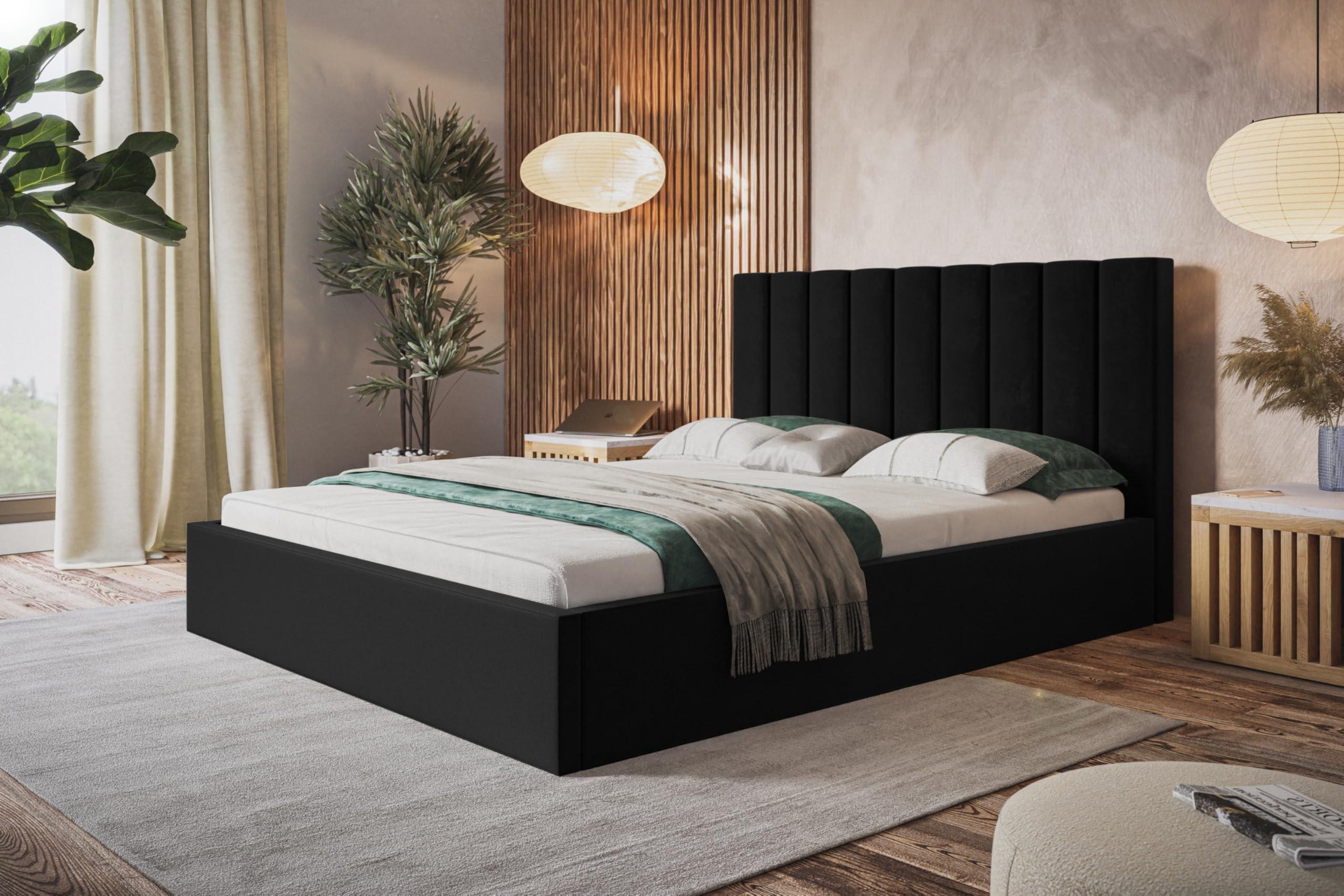 BETT 90x200 - Polsterbett mit Bettkasten und Metallrahmen - Modern Betten - Weicher Jasminstoff - Kollektion Sapporo - Schwarz Textil Alpi-Möbel Möbel > Betten > Polsterbetten Schwarz