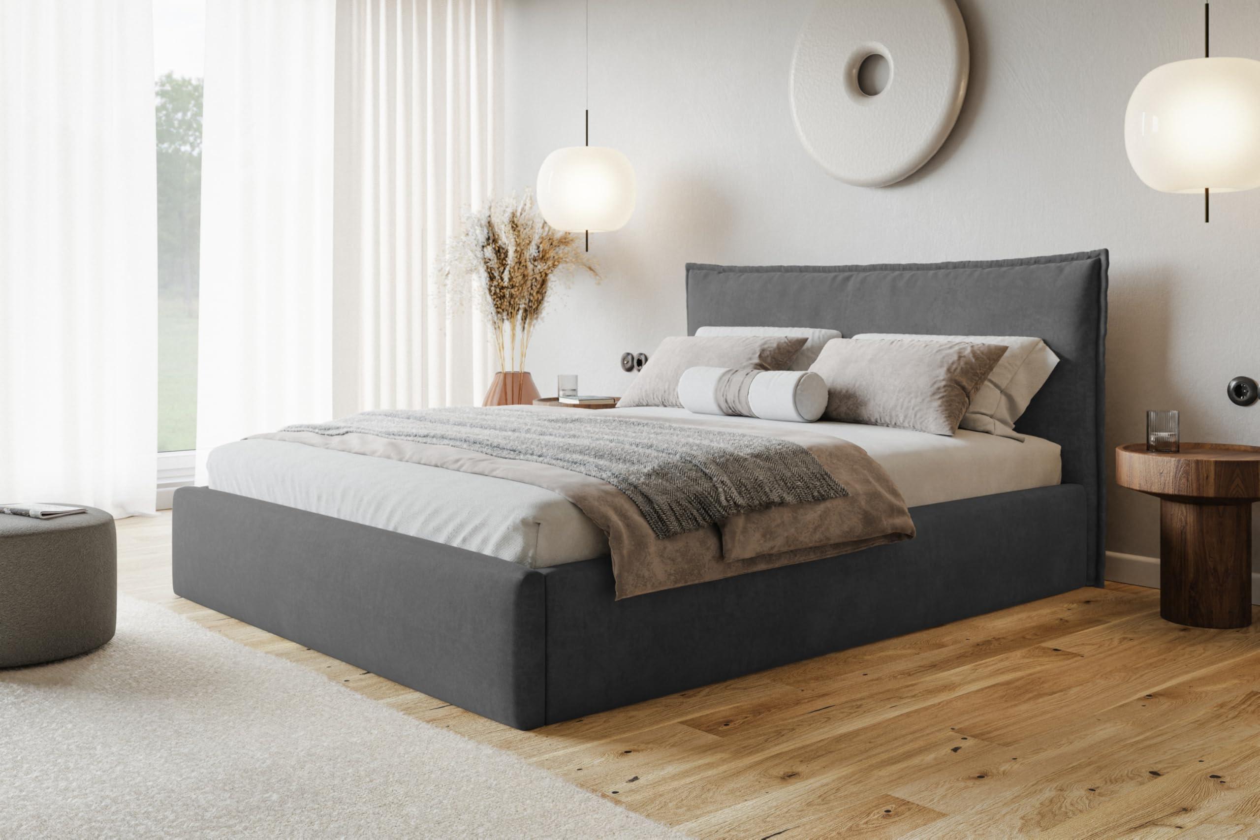 BETT 200x200 - Polsterbett mit Bettkasten und Metallrahmen - Modern Betten - Weicher Jasminstoff - Kollektion Rimini - Dunkelgrau Textil Alpi-Möbel Möbel > Betten > Polsterbetten Grau