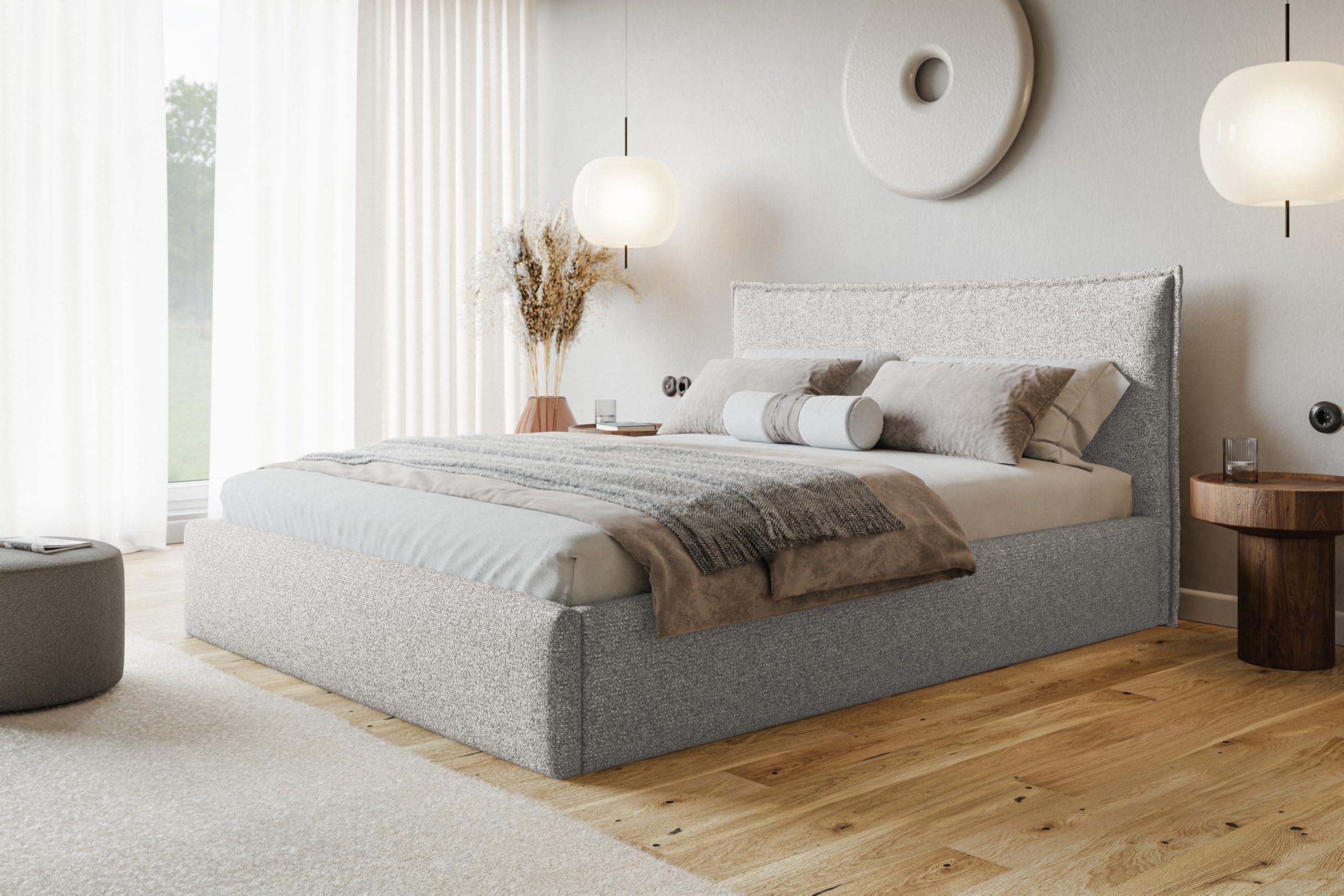 BETT 140x200 - Polsterbett mit Bettkasten und Holzrahmen - Modern Betten - Eleganter Puente-Stoff - Kollektion Rimini - Grau Textil Alpi-Möbel Möbel > Betten > Polsterbetten Grau