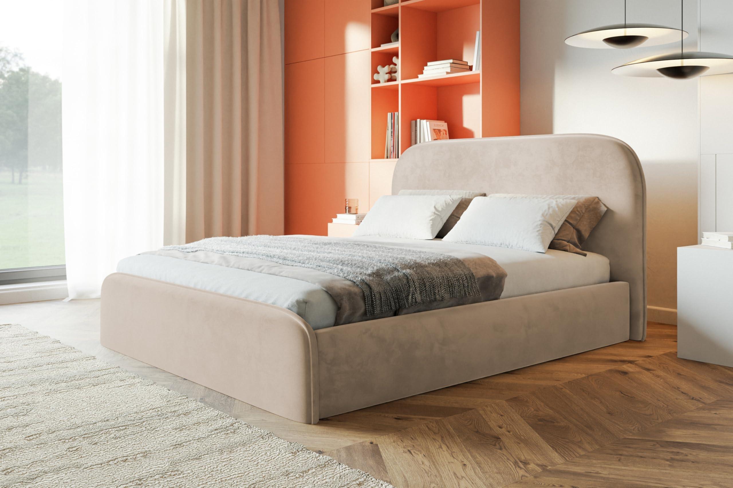 BETT 90x200 - Polsterbett mit Bettkasten und Holzrahmen - Modern Betten - Amor-Samtstoff - Kollektion Vienna - Beige Textil Alpi-Möbel Möbel > Betten > Polsterbetten Beige
