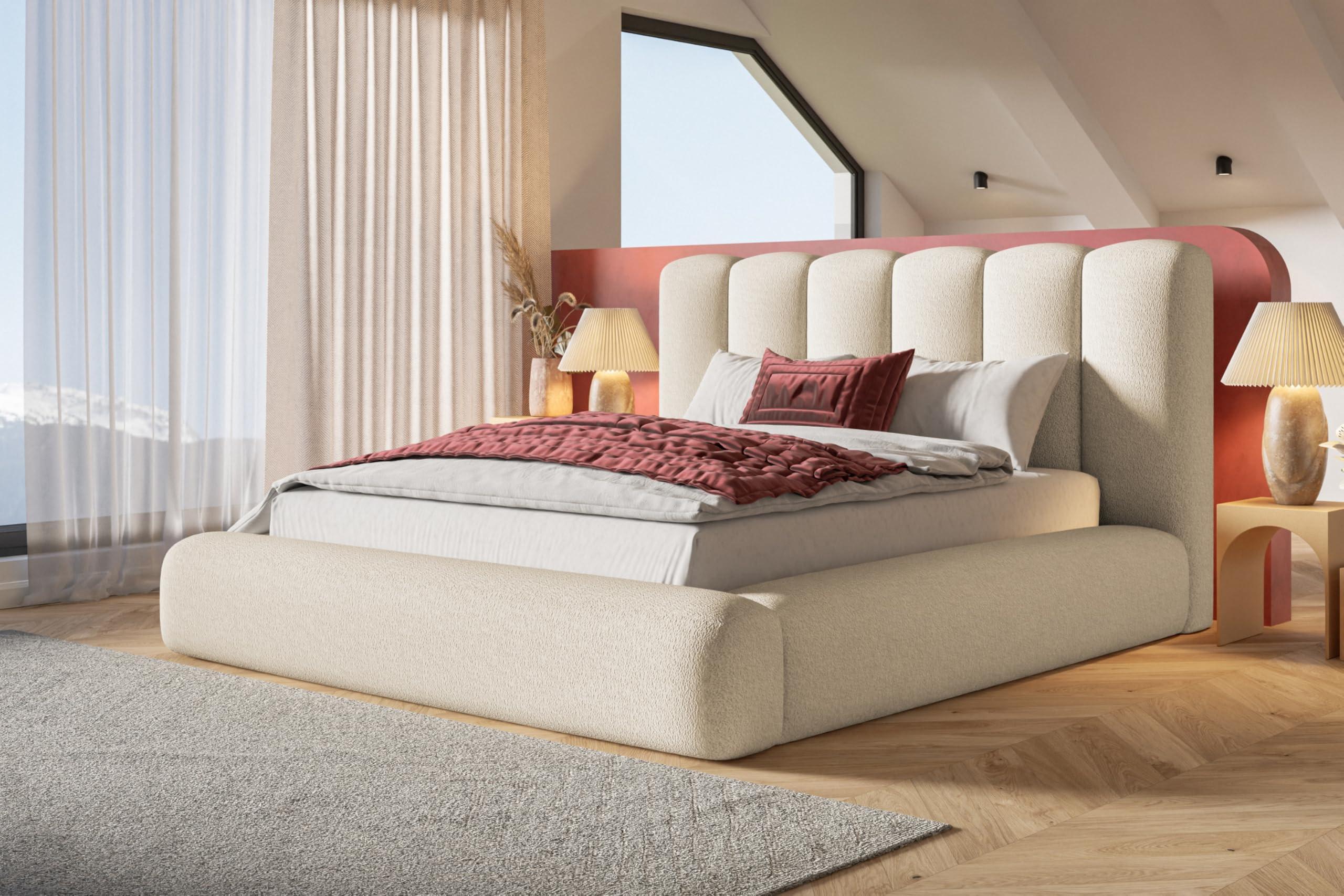 BETT 120x200 - Polsterbett mit Bettkasten und Metallrahmen - Modern Bett - Eleganter Catch Me-Stoff - Kollektion Alva Maxi - Beige Textil Alpi-Möbel Möbel > Betten > Polsterbetten Beige