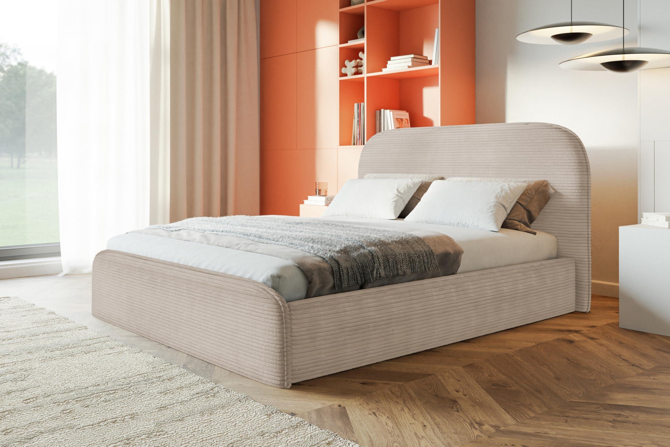 BETT 120x200 - Polsterbett mit Bettkasten und Metallrahmen - Modern Betten - Hochwertiger Poso-Stoff - Kollektion Vienna - Beige Textil Alpi-Möbel Möbel > Betten > Polsterbetten Beige