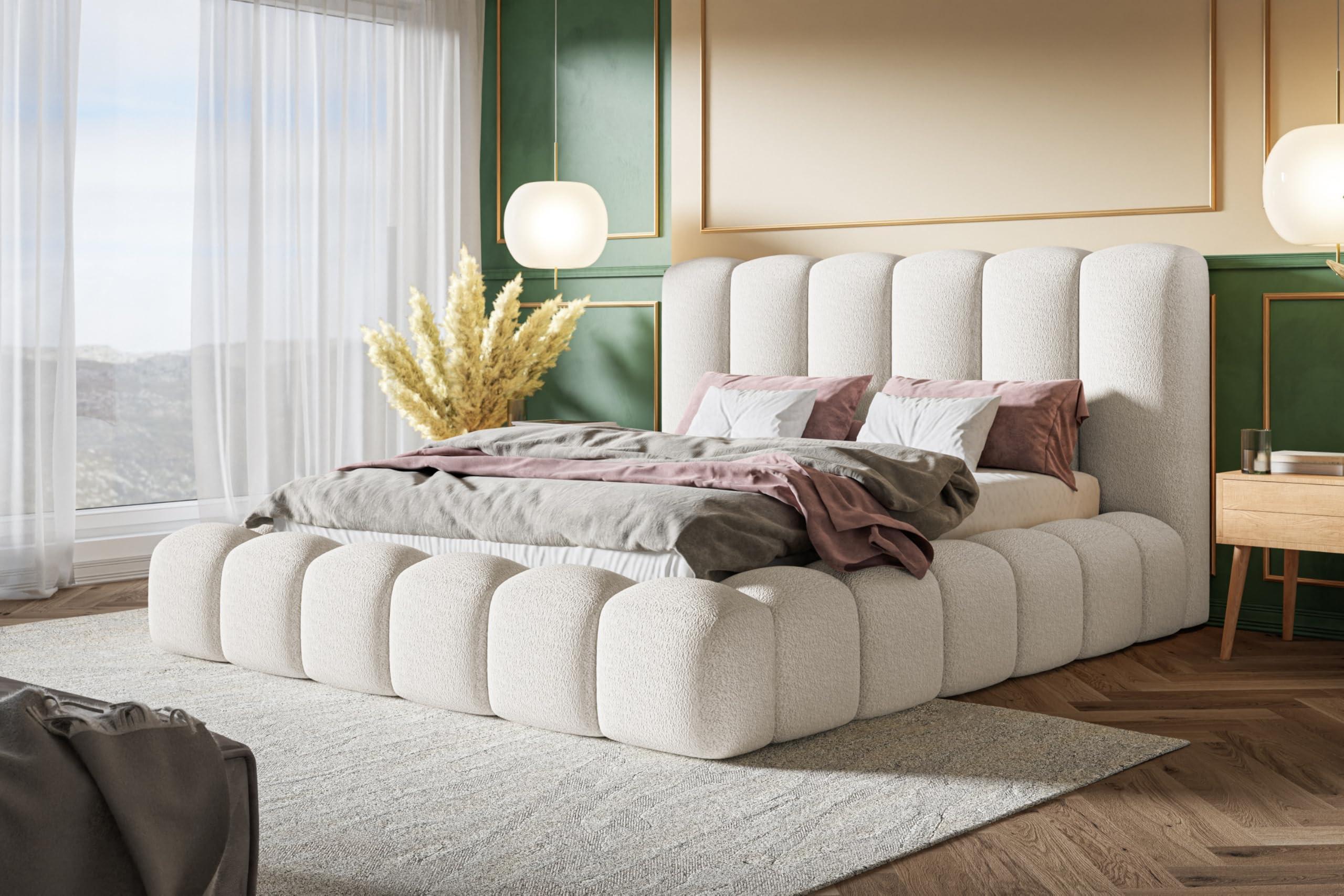 BETT 160x200 - Polsterbett mit Bettkasten und Metallrahmen - Modern Bett - Eleganter Catch Me-Stoff - Kollektion Nora Maxi - Weiß Textil Alpi-Möbel Möbel > Betten > Polsterbetten Weiß