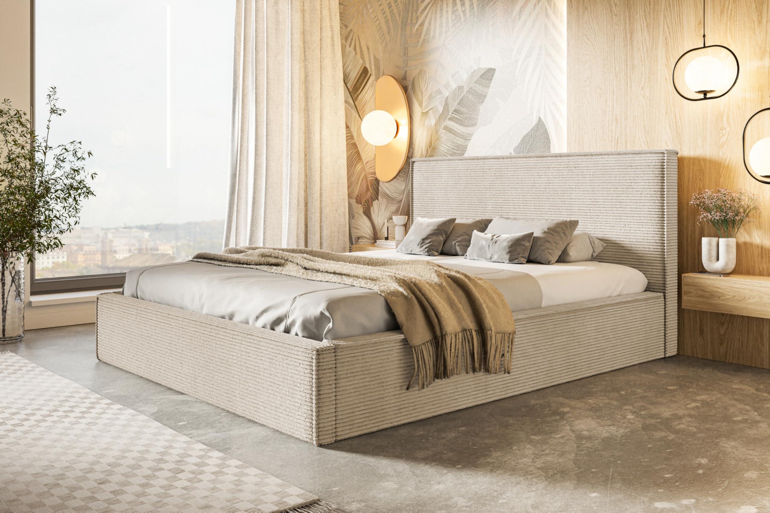 BETT 120x200 - Polsterbett mit Bettkasten und Metallrahmen - Modern Betten - Hochwertiger Poso-Stoff - Kollektion Milano - Beige Textil Alpi-Möbel Möbel > Betten > Polsterbetten Beige