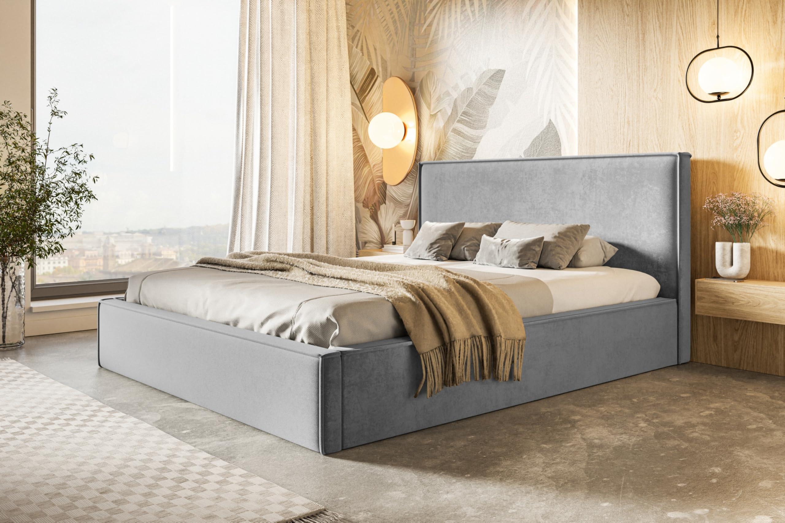 BETT 140x200 - Polsterbett mit Bettkasten und Metallrahmen - Modern Betten - Weicher Jasminstoff - Kollektion Milano - Grau Textil Alpi-Möbel Möbel > Betten > Polsterbetten Grau