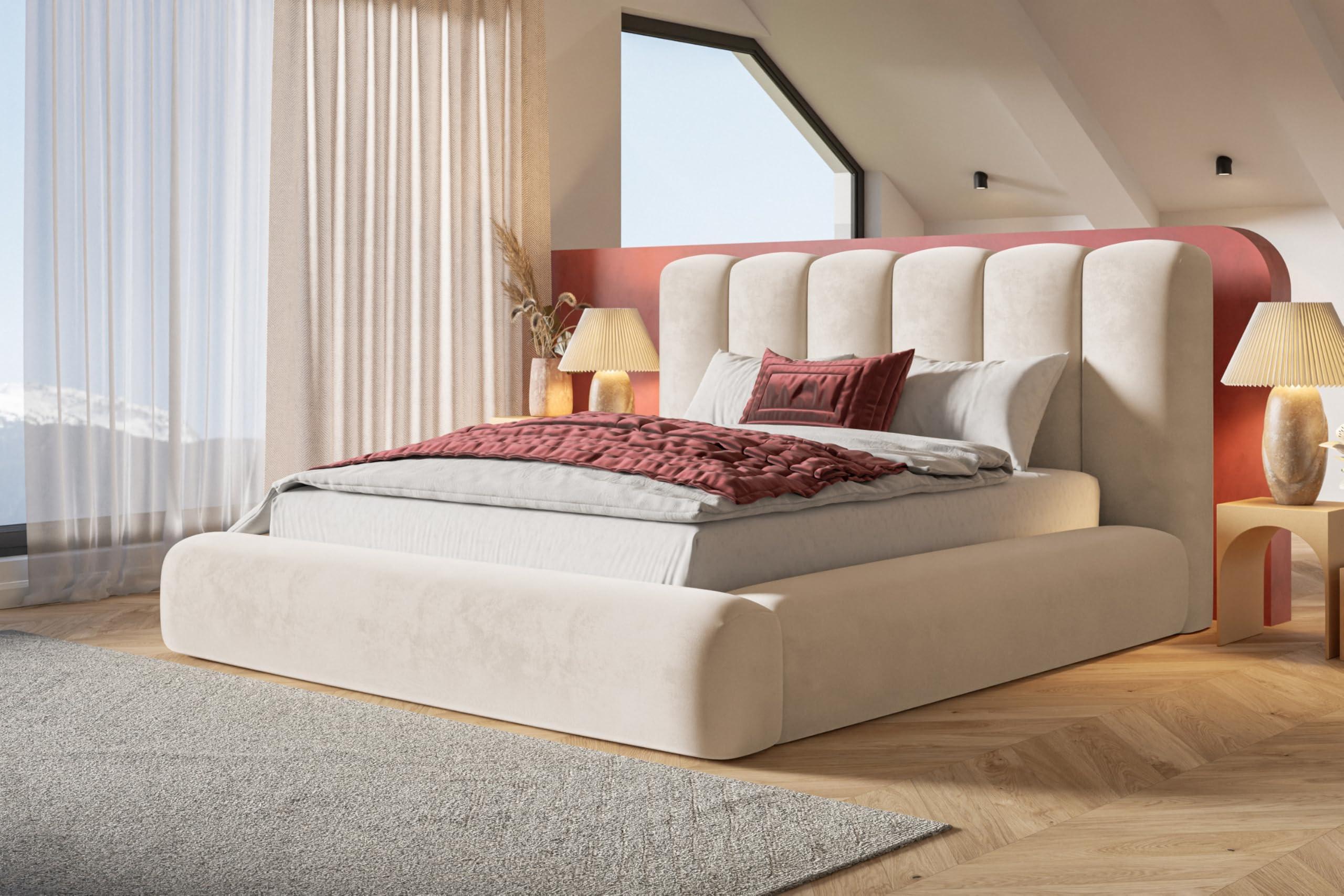BETT 140x200 - Polsterbett mit Bettkasten und Holzrahmen - Modern Bett - Eleganter Amor-Velvet-Stoff - Kollektion Alva Maxi - Beige Textil Alpi-Möbel Möbel > Betten > Polsterbetten Beige