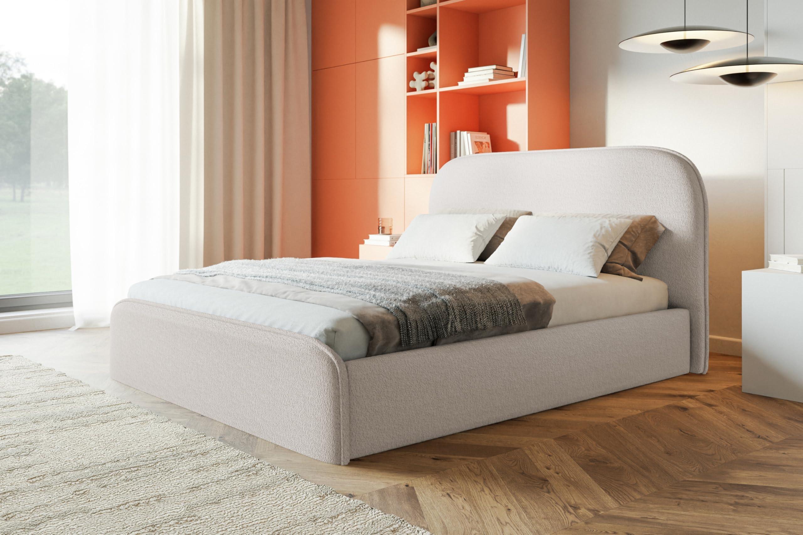 BETT 160x200 - Polsterbett mit Bettkasten und Metallrahmen - Modern Betten - Kuscheliger Catch-Me-Stoff - Kollektion Vienna - Weiß Textil Alpi-Möbel Möbel > Betten > Polsterbetten Weiß