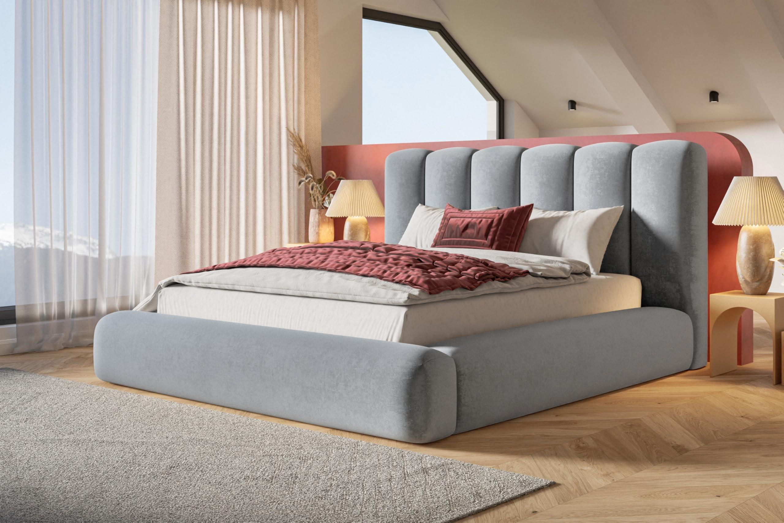 BETT 120x200 - Polsterbett mit Bettkasten und Metallrahmen - Modern Bett - Eleganter Jasmine-Stoff - Kollektion Alva Maxi - Hellgrau Textil Alpi-Möbel Möbel > Betten > Polsterbetten Grau