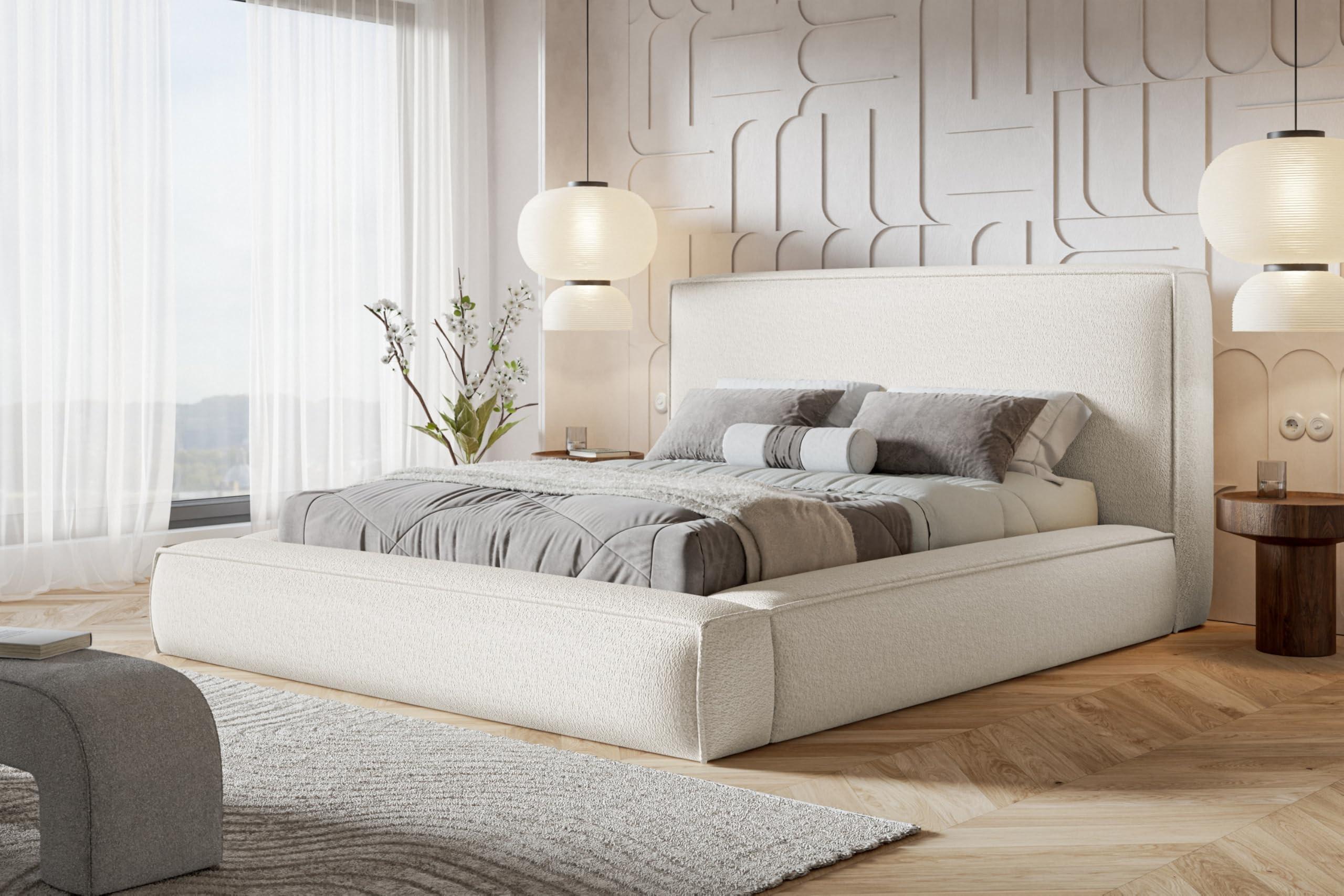 BETT 160x200 - Polsterbett mit Bettkasten und Metallrahmen - Modern Bett - Eleganter Catch-Me-Stoff - Kollektion Luna Maxi - Weiß Textil Alpi-Möbel Möbel > Betten > Polsterbetten Weiß