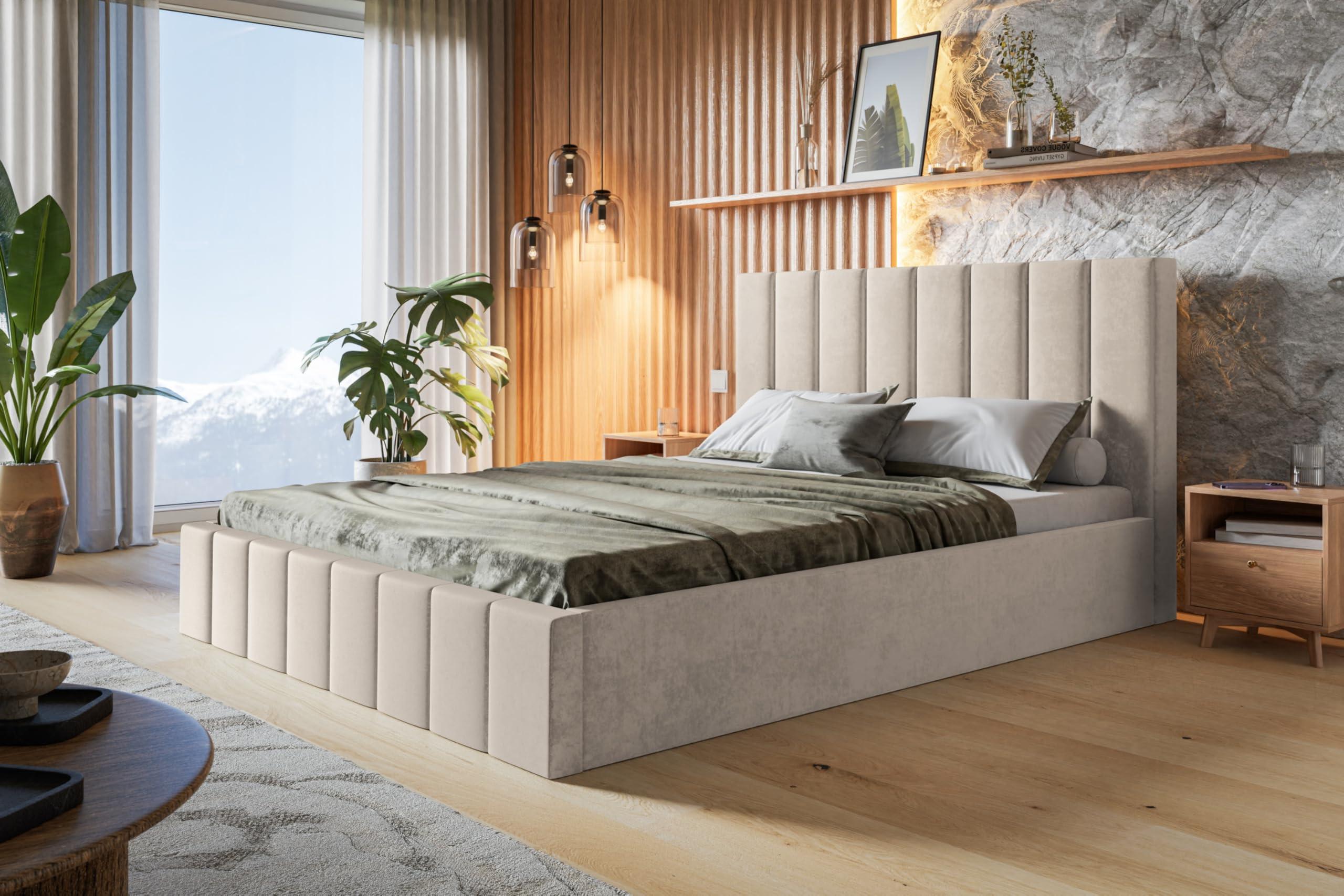 BETT 160x200 - Polsterbett mit Bettkasten und Holzrahmen - Modern Betten - Weicher Jasminstoff - Kollektion Toledo - Beige Textil Alpi-Möbel Möbel > Betten > Polsterbetten Beige
