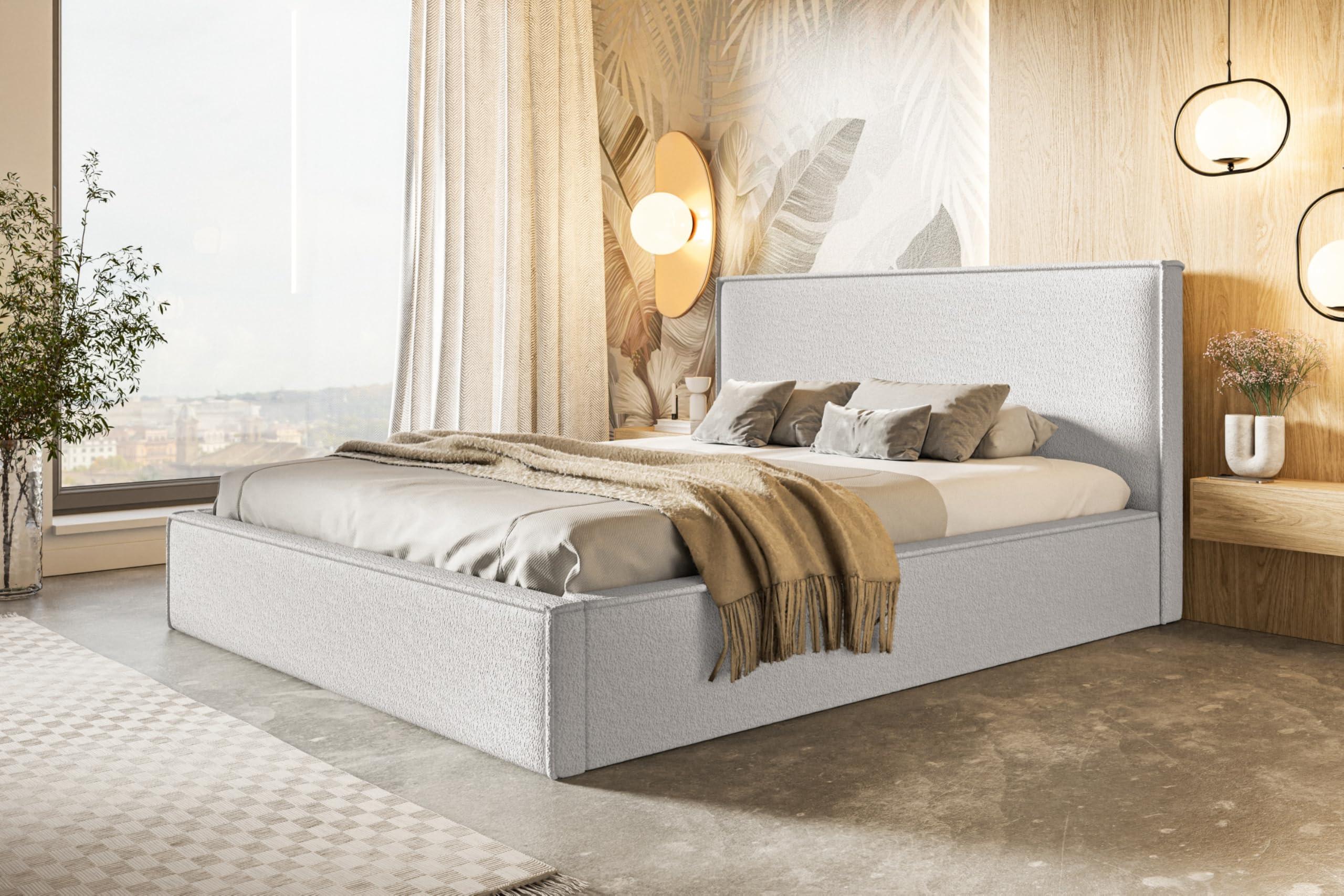BETT 160x200 - Polsterbett mit Bettkasten und Metallrahmen - Modern Betten - Kuscheliger Catch-Me-Stoff - Kollektion Milano - Weiß Textil Alpi-Möbel Möbel > Betten > Polsterbetten Weiß