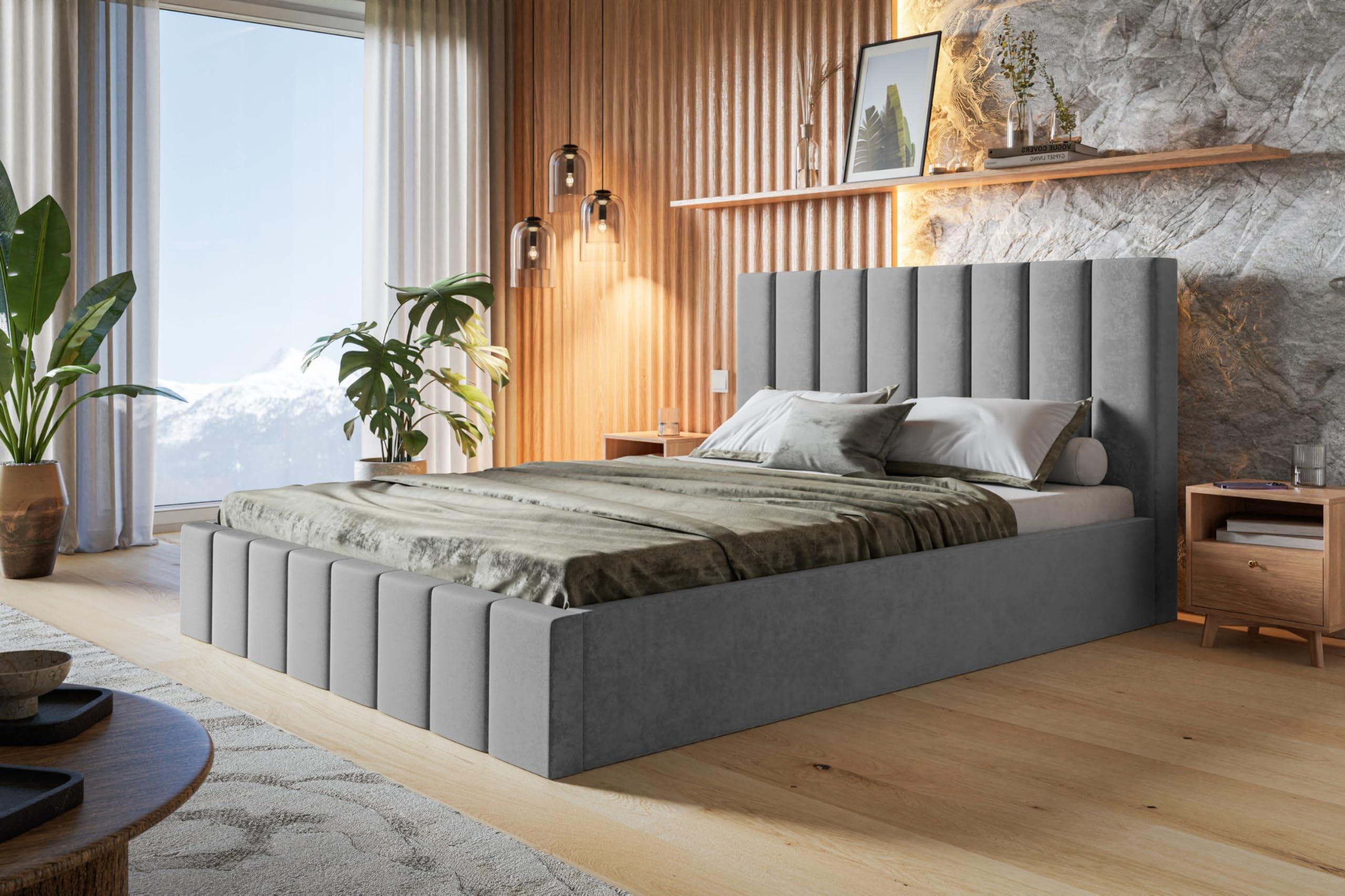 BETT 180x200 - Polsterbett mit Bettkasten und Holzrahmen - Modern Betten - Weicher Jasminstoff - Kollektion Toledo - Grau Textil Alpi-Möbel Möbel > Betten > Polsterbetten Grau