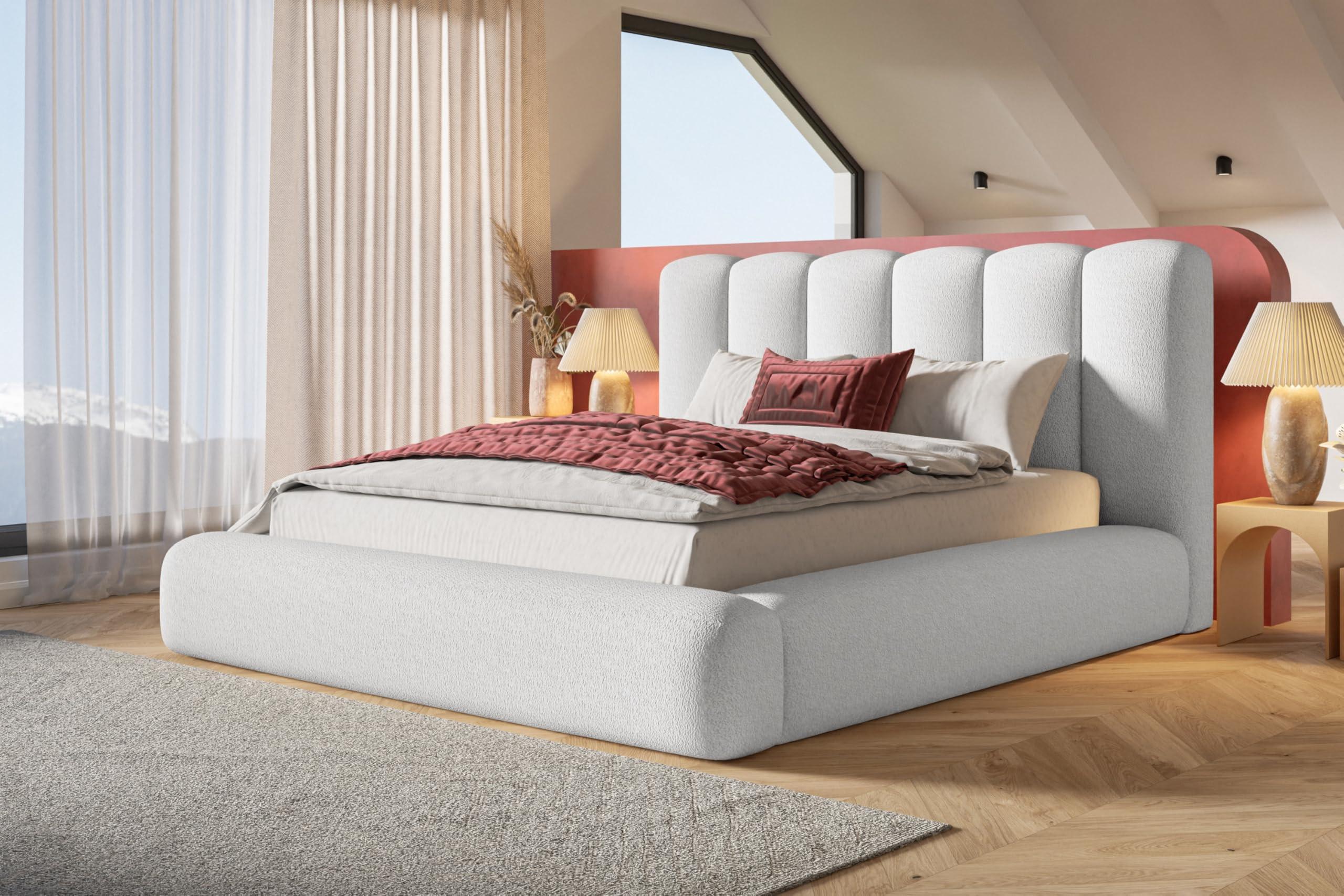 BETT 120x200 - Polsterbett mit Bettkasten und Metallrahmen - Modern Bett - Eleganter Catch Me-Stoff - Kollektion Alva Maxi - Weiß Textil Alpi-Möbel Möbel > Betten > Polsterbetten Weiß