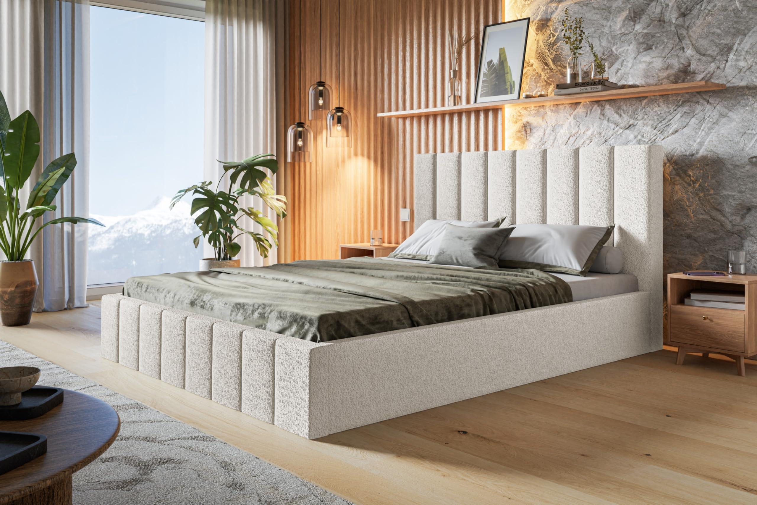 BETT 160x200 - Polsterbett mit Bettkasten und Metallrahmen - Modern Betten - Kuscheliger Catch-Me-Stoff - Kollektion Toledo - Weiß Textil Alpi-Möbel Möbel > Betten > Polsterbetten Weiß