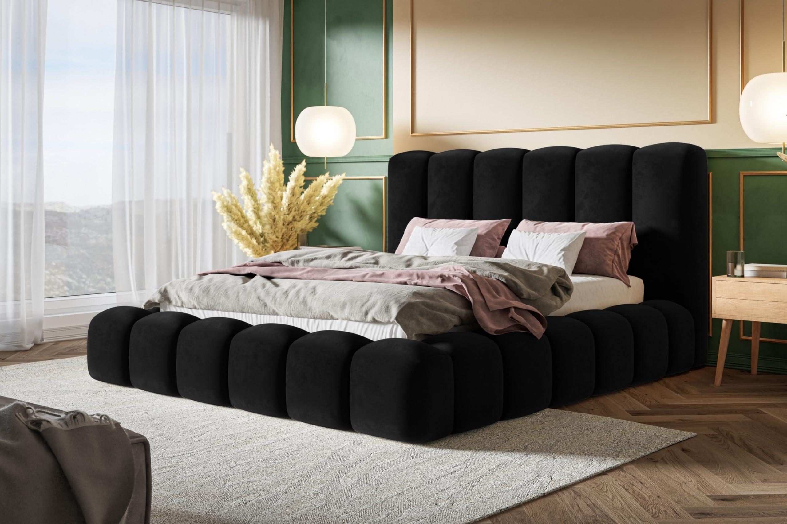 BETT 140x200 - Polsterbett mit Bettkasten und Holzrahmen - Modern Bett - Eleganter Amor-Velvet-Stoff - Kollektion Nora Maxi - Schwarz Textil Alpi-Möbel Möbel > Betten > Polsterbetten Schwarz