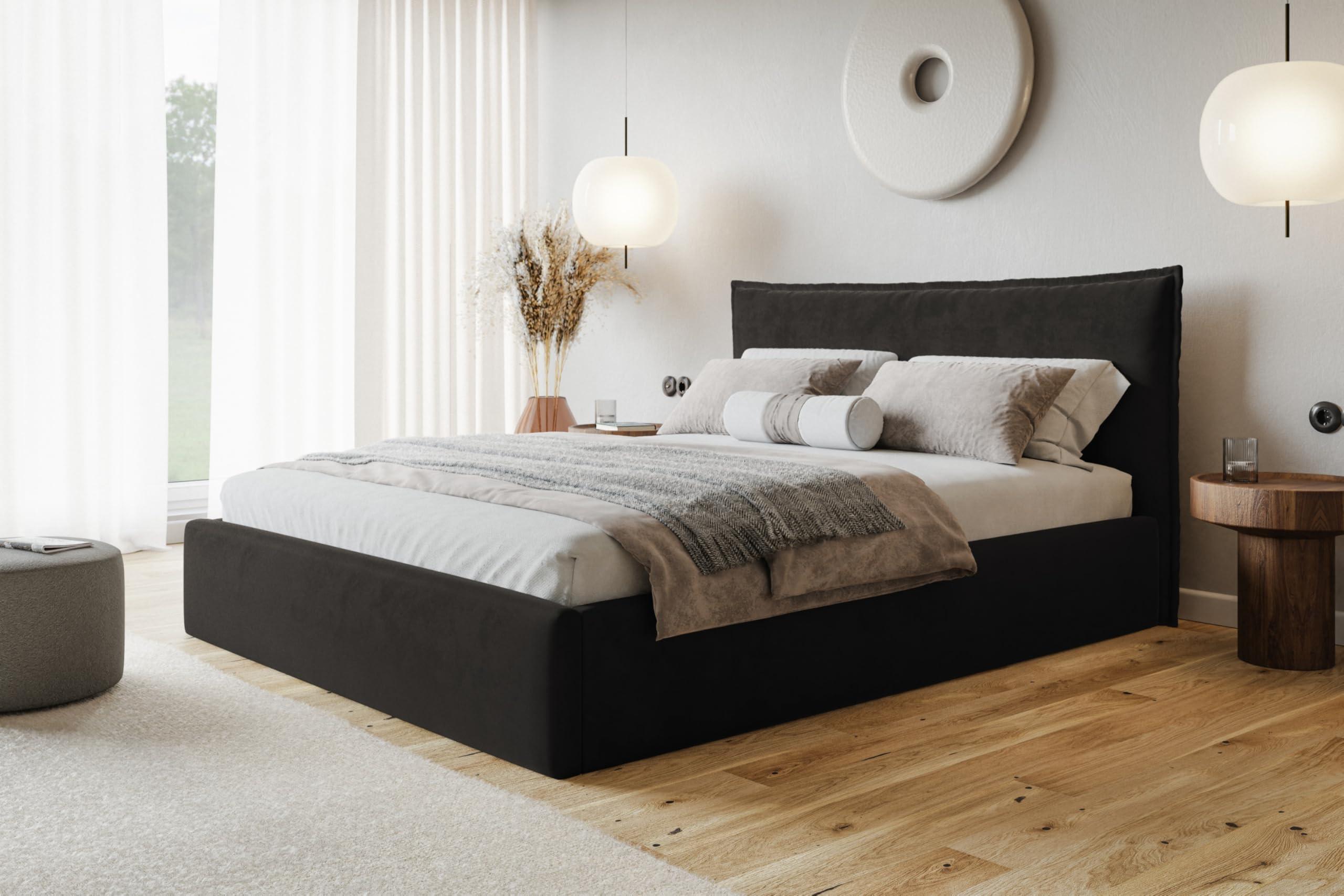 BETT 90x200 - Polsterbett mit Bettkasten und Holzrahmen - Modern Betten - Amor-Samtstoff - Kollektion Rimini - Schwarz Textil Alpi-Möbel Möbel > Betten > Polsterbetten Schwarz