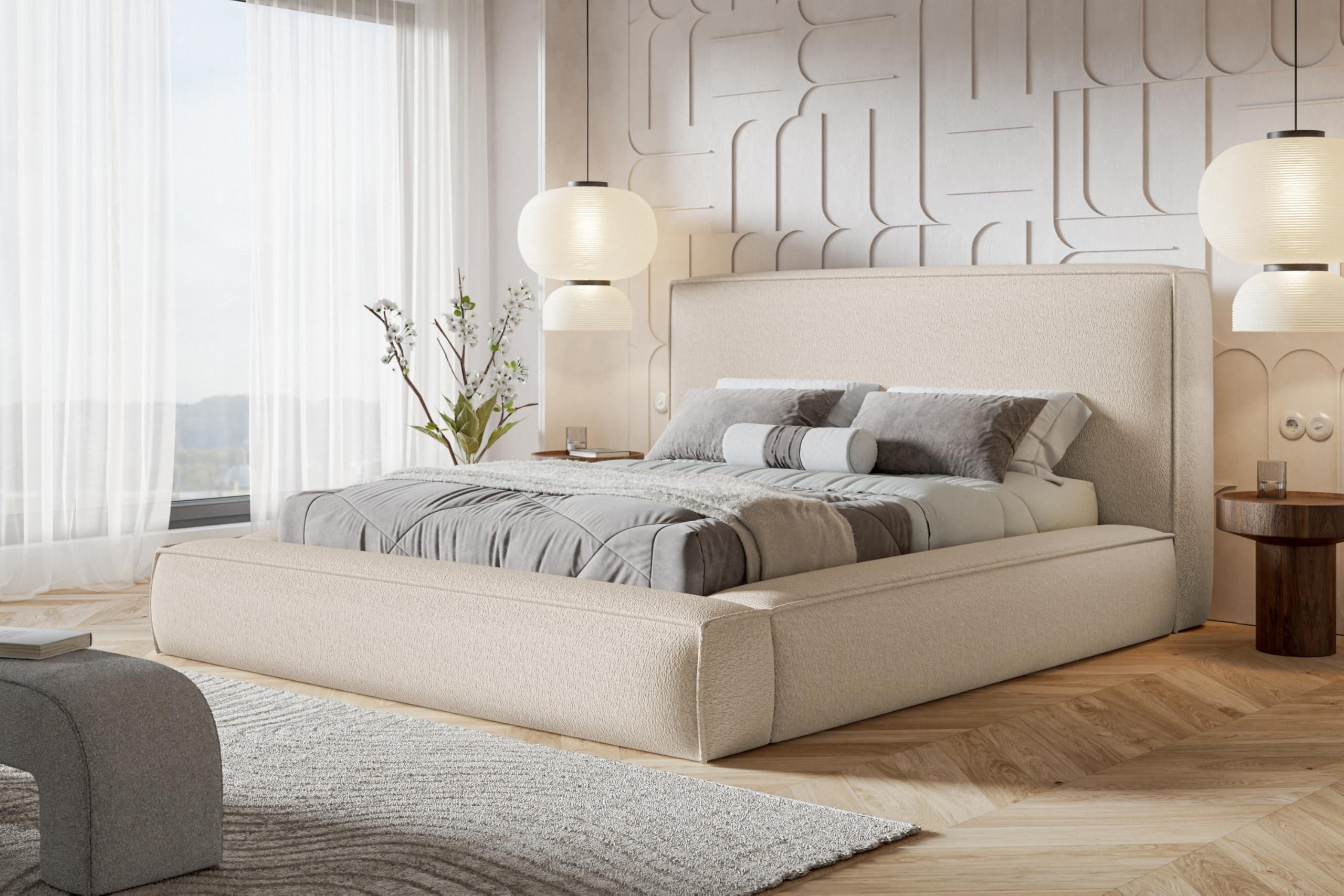 BETT 120x200 - Polsterbett mit Bettkasten und Holzrahmen - Modern Bett - Eleganter Catch-Me-Stoff - Kollektion Luna Maxi - Beige Textil Alpi-Möbel Möbel > Betten > Polsterbetten Beige