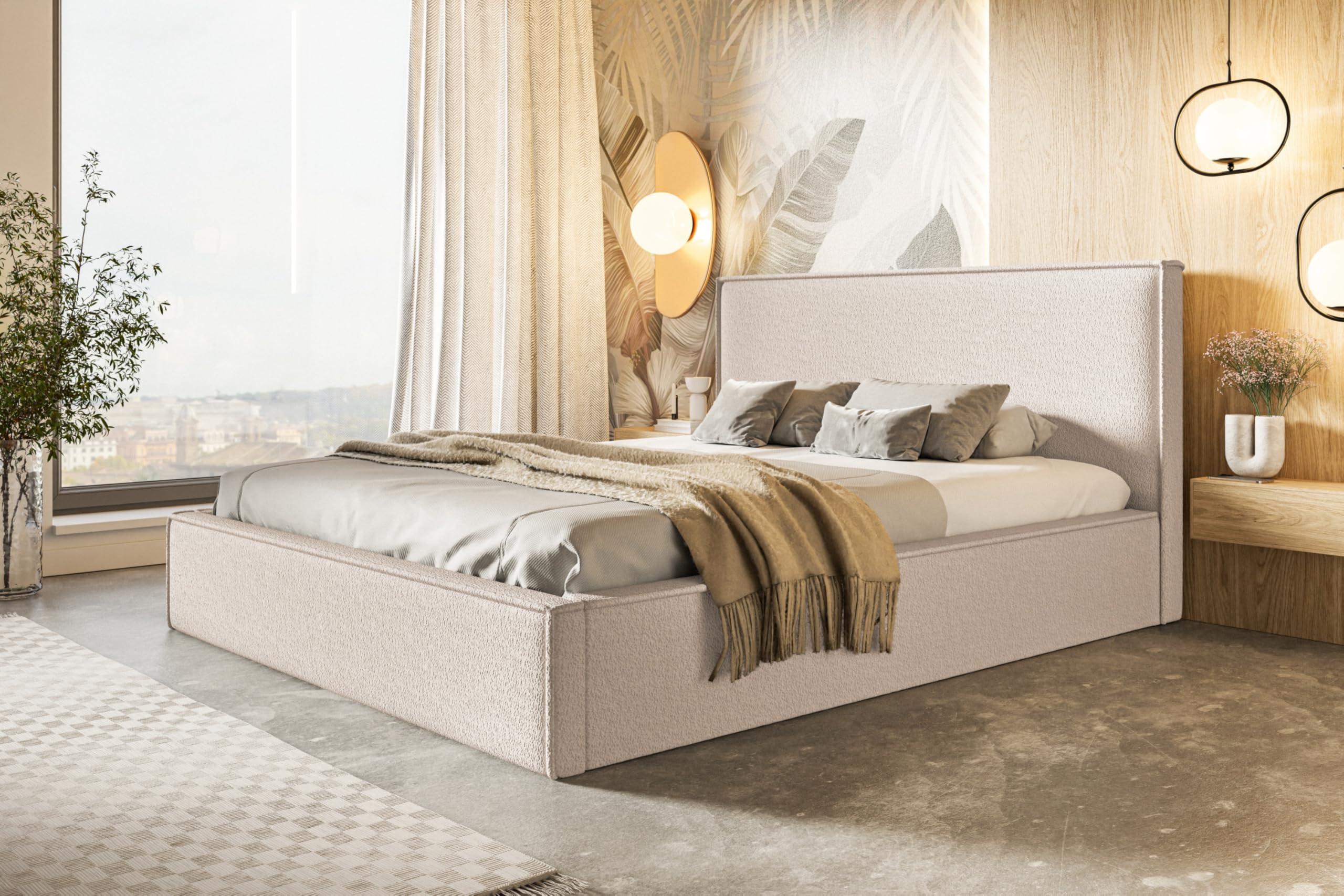 BETT 140x200 - Polsterbett mit Bettkasten und Metallrahmen - Modern Betten - Kuscheliger Catch-Me-Stoff - Kollektion Milano - Beige Textil Alpi-Möbel Möbel > Betten > Polsterbetten Beige