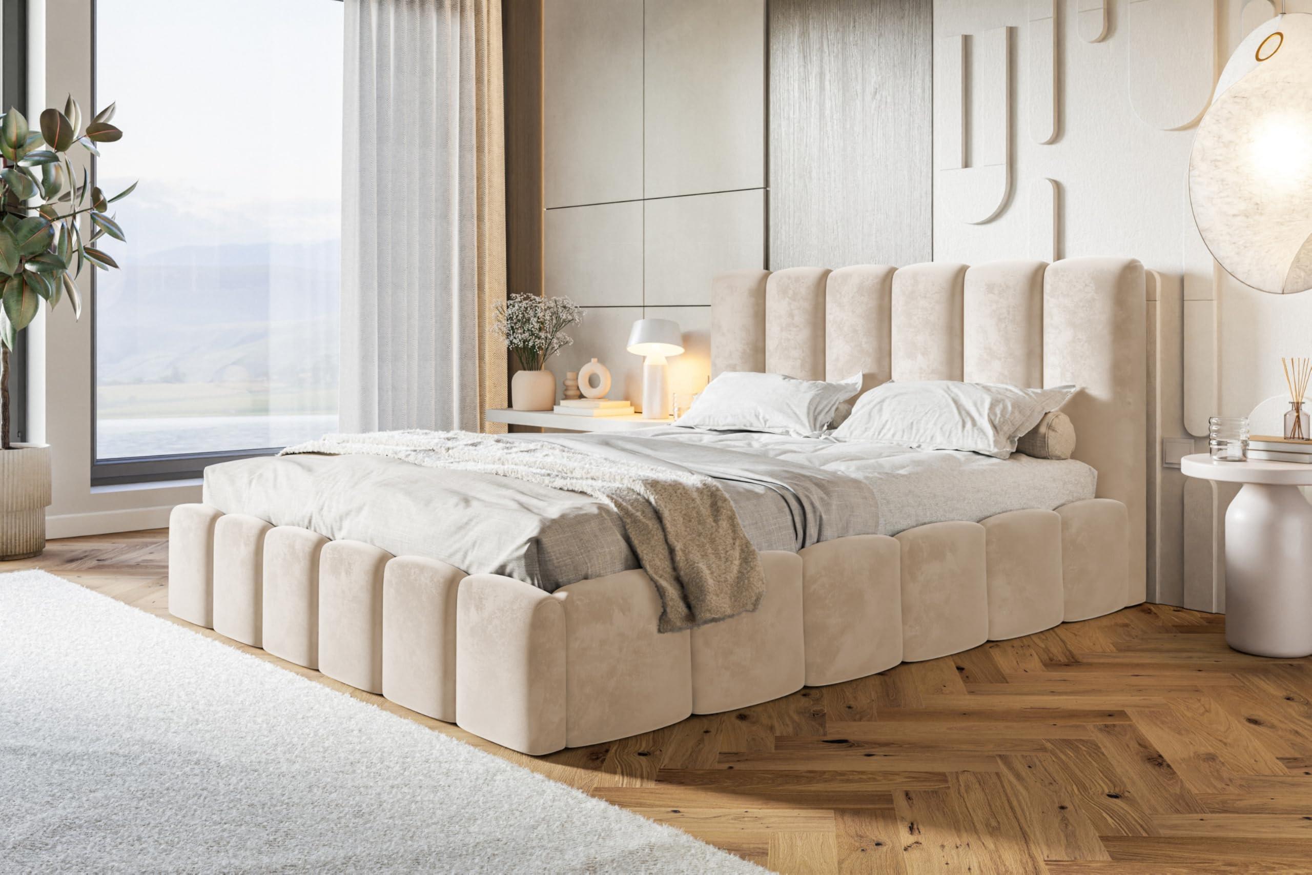BETT 160x200 - Polsterbett mit Bettkasten und Metallrahmen - Modern Betten - Amor-Samtstoff - Kollektion Lucy - Beige Textil Alpi-Möbel Möbel > Betten > Polsterbetten Beige