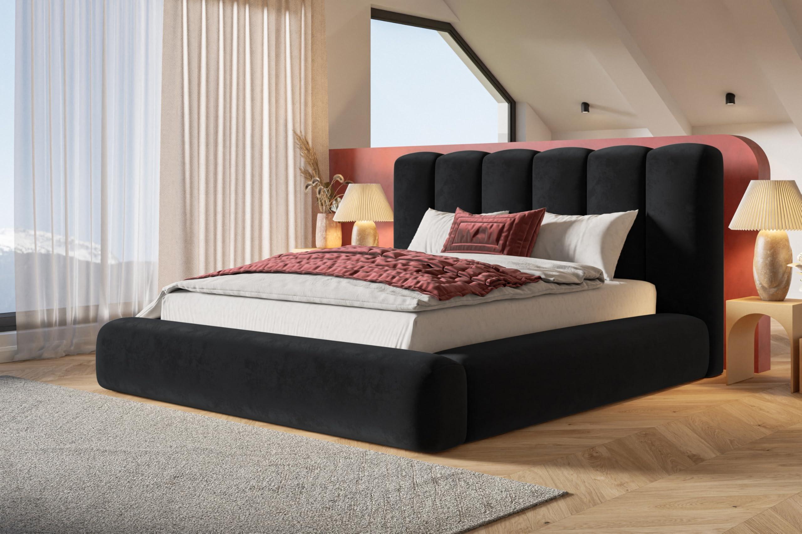 wohnli-moebel-suche-800001491122 Wohnli Möbelsuche - BETT 160x200 - Polsterbett mit Bettkasten und Metallrahmen - Modern Bett - Eleganter Amor-Velvet-Stoff - Kollektion Alva Maxi - Schwarz