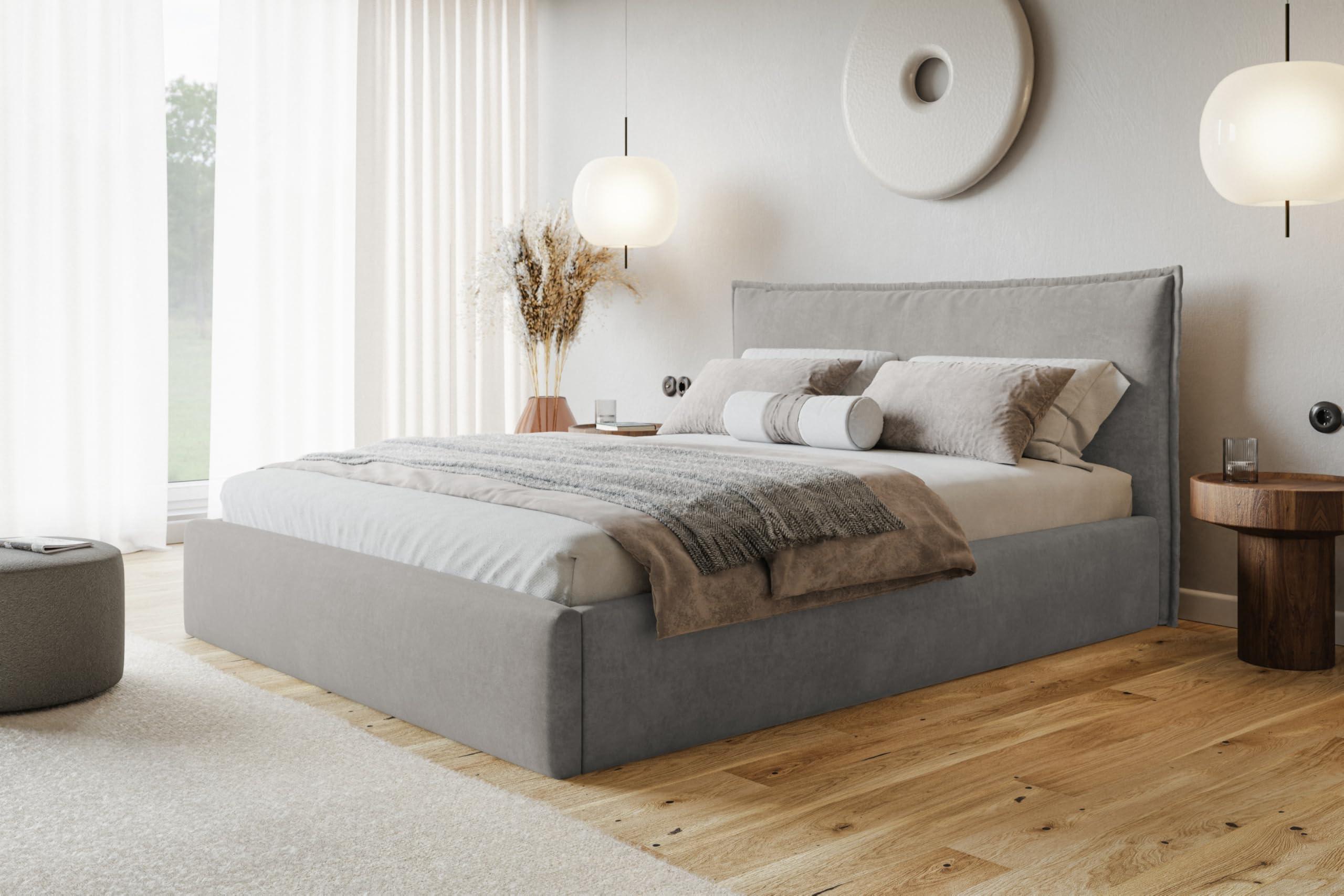 BETT 140x200 - Polsterbett mit Bettkasten und Metallrahmen - Modern Betten - Weicher Jasminstoff - Kollektion Rimini - Grau Textil Alpi-Möbel Möbel > Betten > Polsterbetten Grau