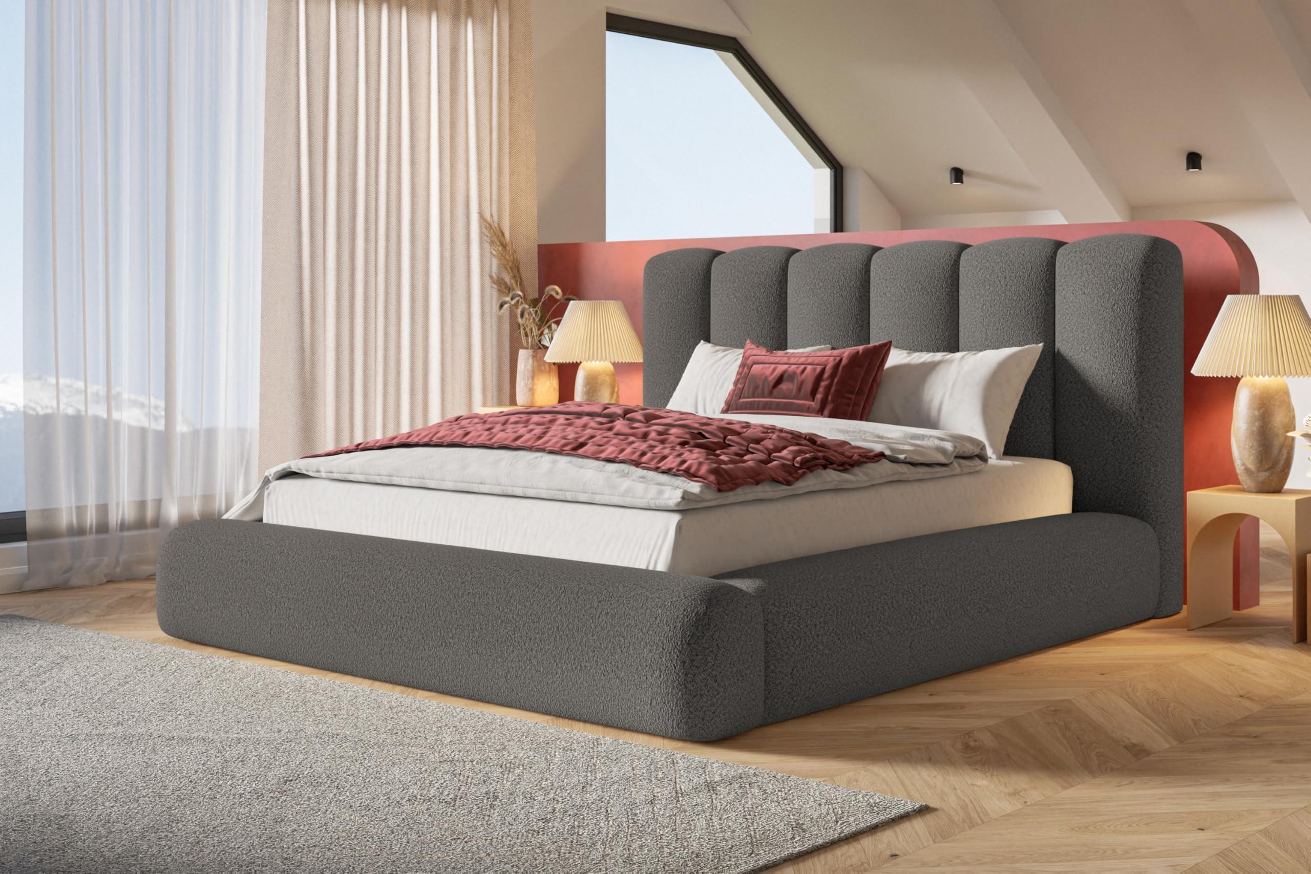 BETT 140x200 - Polsterbett mit Bettkasten und Holzrahmen - Modern Bett - Eleganter Catch Me-Stoff - Kollektion Alva Maxi - Grau Textil Alpi-Möbel Möbel > Betten > Polsterbetten Grau