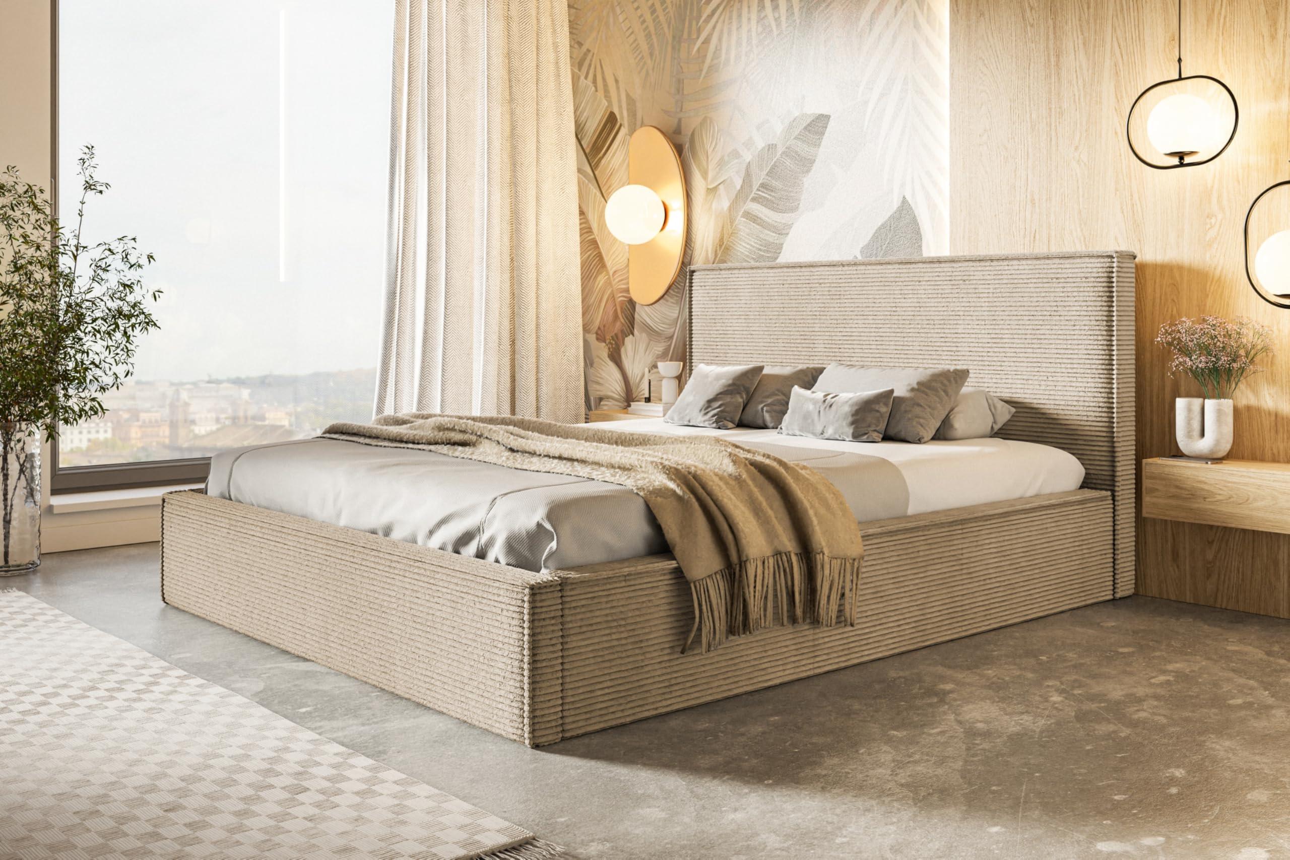 BETT 120x200 - Polsterbett mit Bettkasten und Metallrahmen - Modern Betten - Hochwertiger Poso-Stoff - Kollektion Milano - Dunkelbeige Textil Alpi-Möbel Möbel > Betten > Polsterbetten Beige