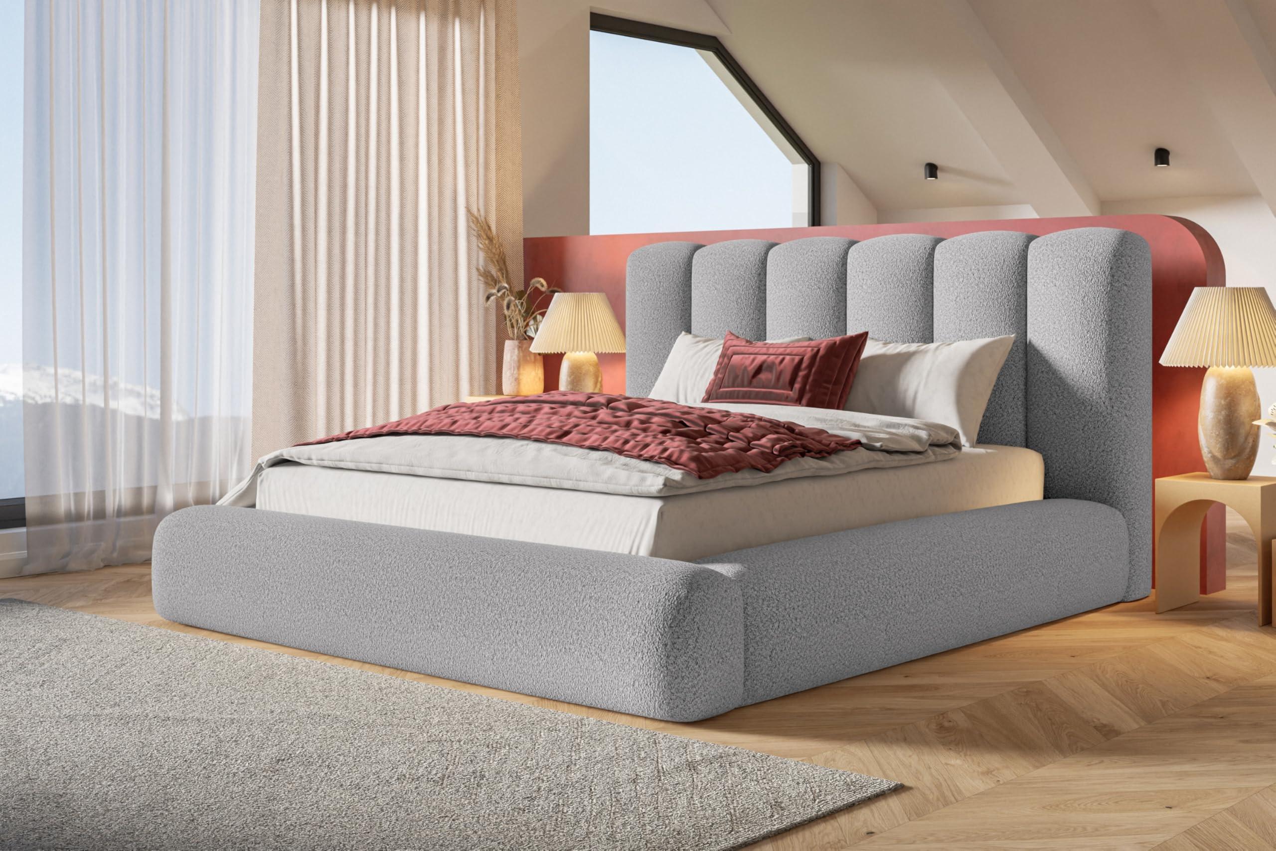 BETT 180x200 - Polsterbett mit Bettkasten und Holzrahmen - Modern Bett - Eleganter Catch Me-Stoff - Kollektion Alva Maxi - Hellgrau Textil Alpi-Möbel Möbel > Betten > Polsterbetten Grau