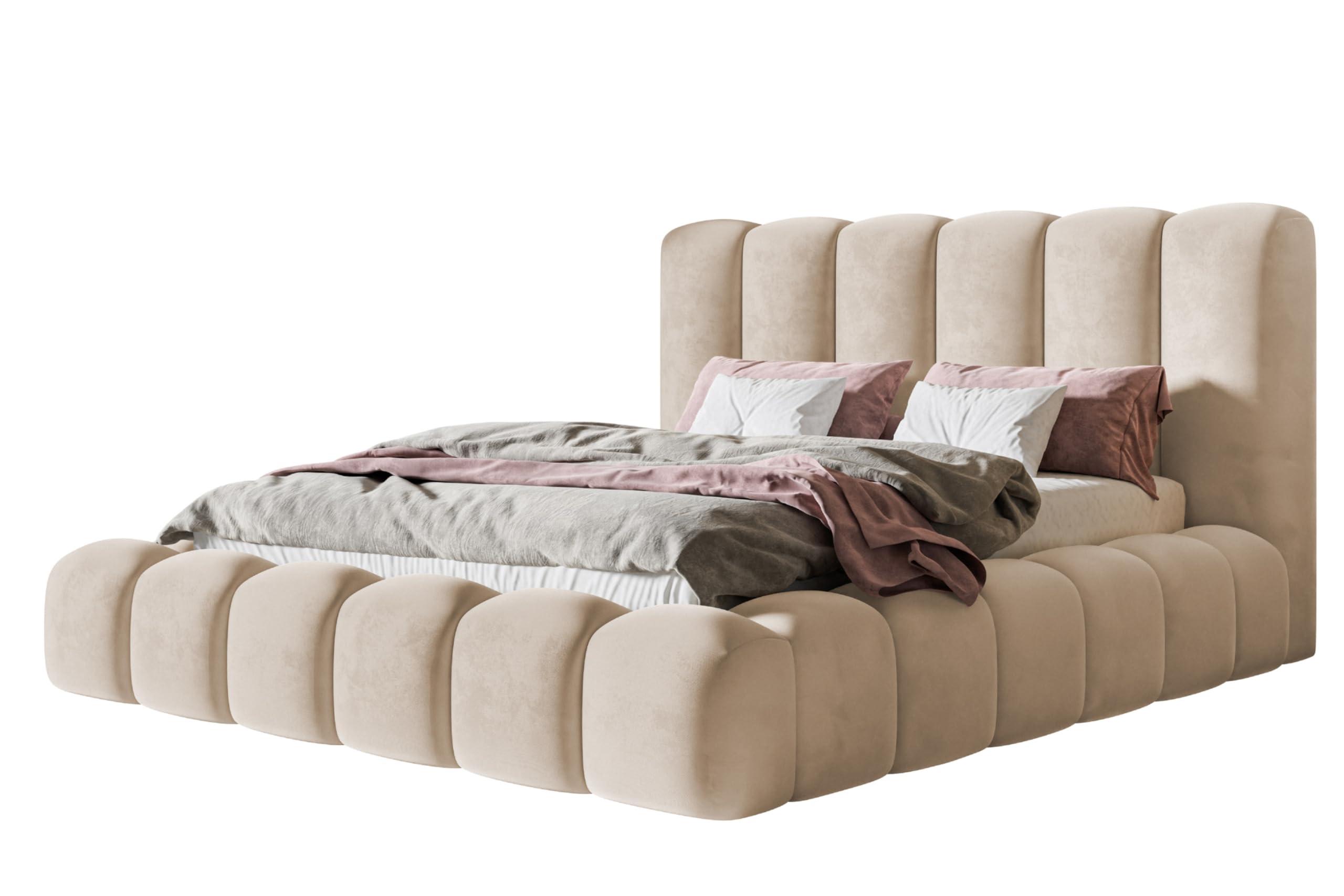 wohnli-moebel-suche-800001491412 Wohnli Möbelsuche - BETT 140x200 - Polsterbett mit Bettkasten und Metallrahmen - Modern Bett - Eleganter Amor-Velvet-Stoff - Kollektion Nora Maxi - Beige