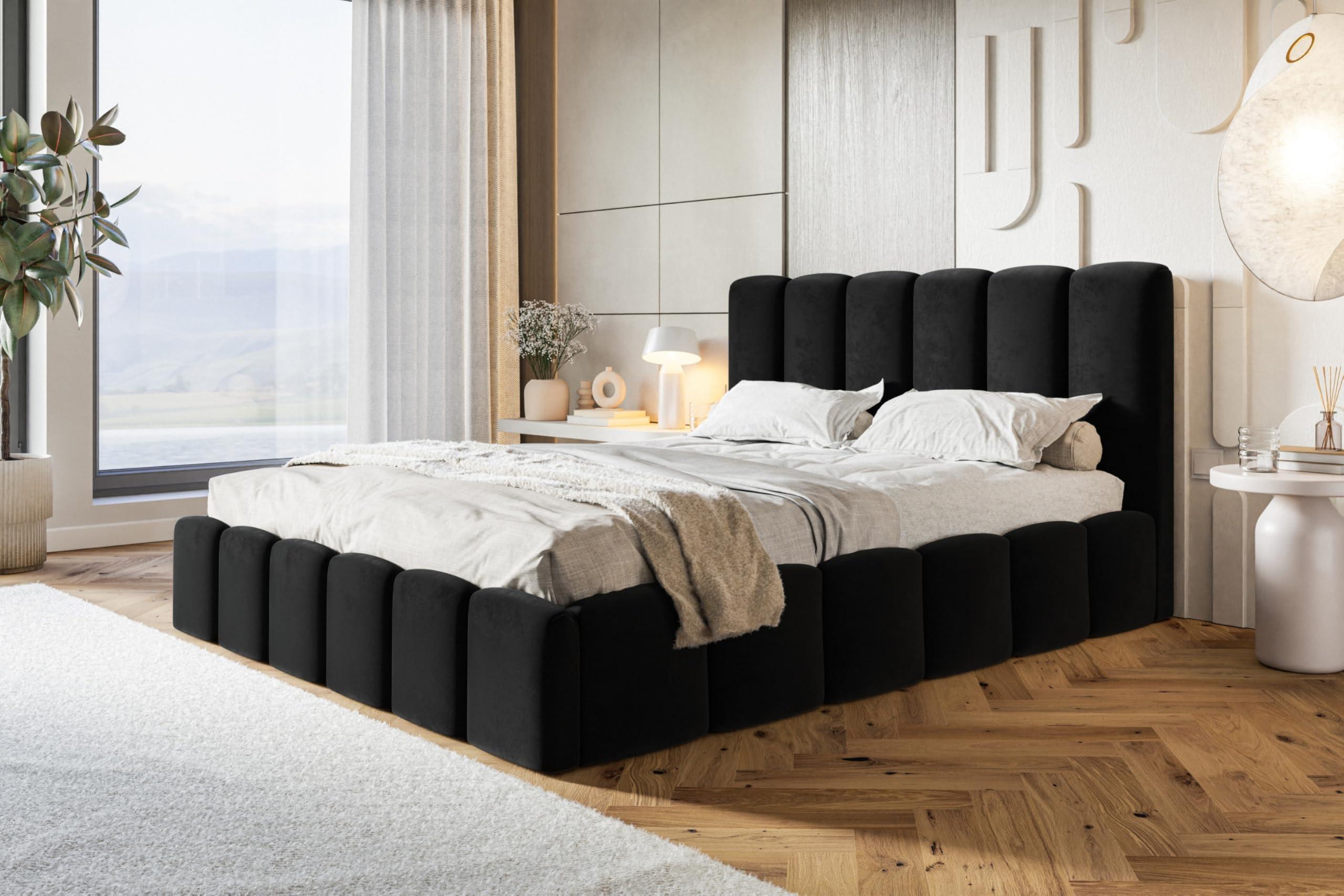 BETT 120x200 - Polsterbett mit Bettkasten und Metallrahmen - Modern Betten - Weicher Jasminstoff - Kollektion Lucy - Schwarz Textil Alpi-Möbel Möbel > Betten > Polsterbetten Schwarz