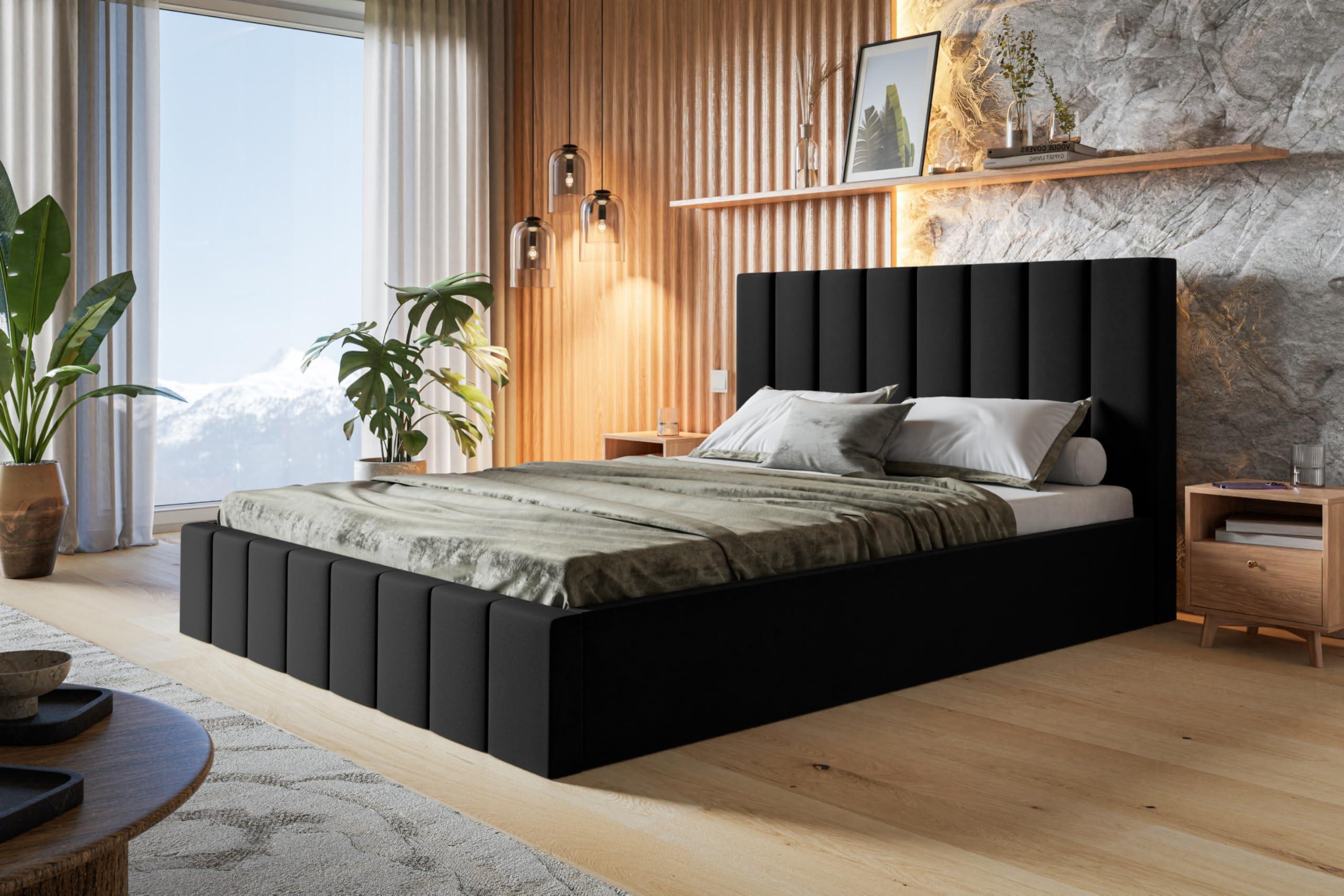 BETT 160x200 - Polsterbett mit Bettkasten und Holzrahmen - Modern Betten - Weicher Jasminstoff - Kollektion Toledo - Schwarz Textil Alpi-Möbel Möbel > Betten > Polsterbetten Schwarz