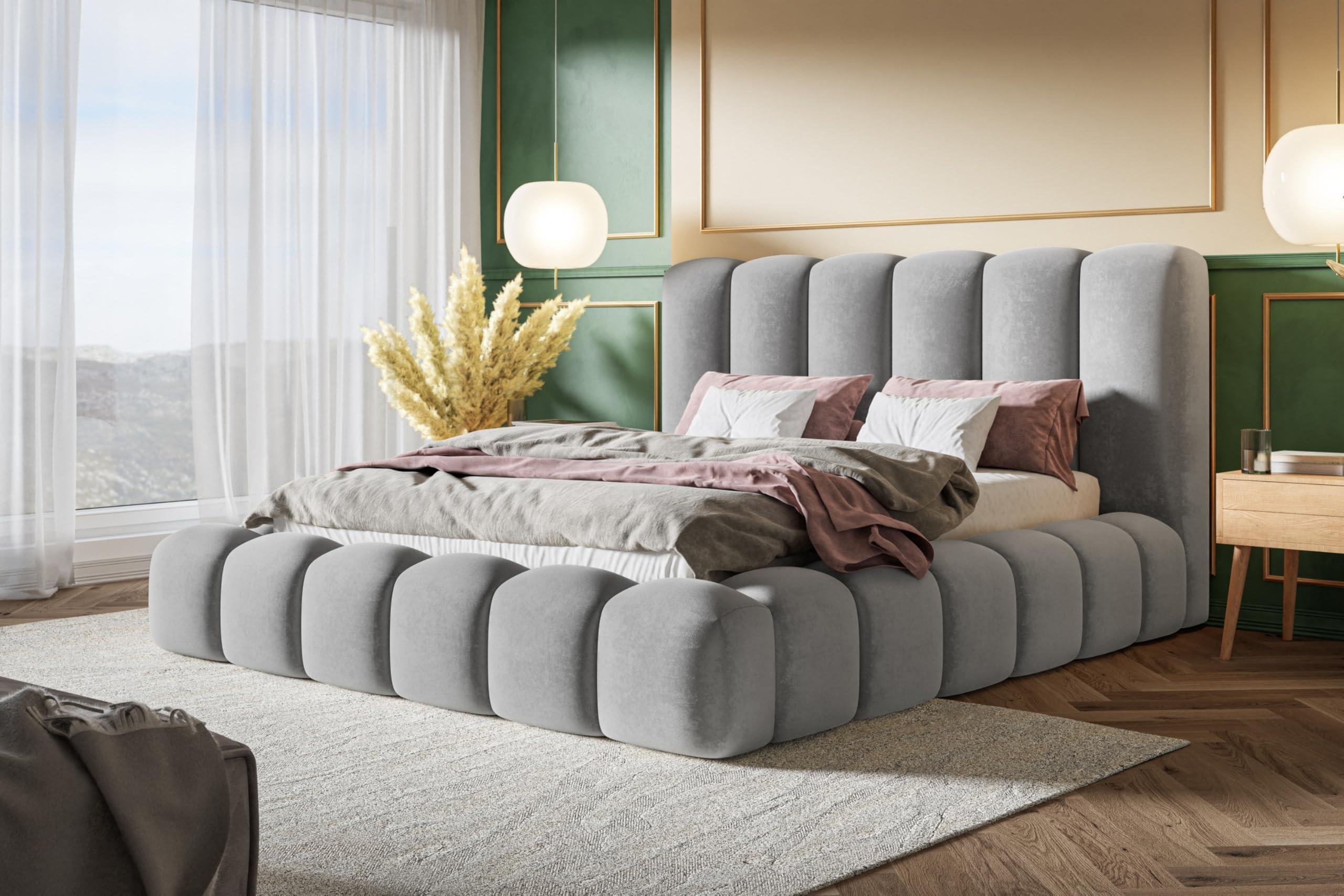 BETT 180x200 - Polsterbett mit Bettkasten und Holzrahmen - Modern Bett - Eleganter Jasmine-Stoff - Kollektion Nora Maxi - Grau Textil Alpi-Möbel Möbel > Betten > Polsterbetten Grau