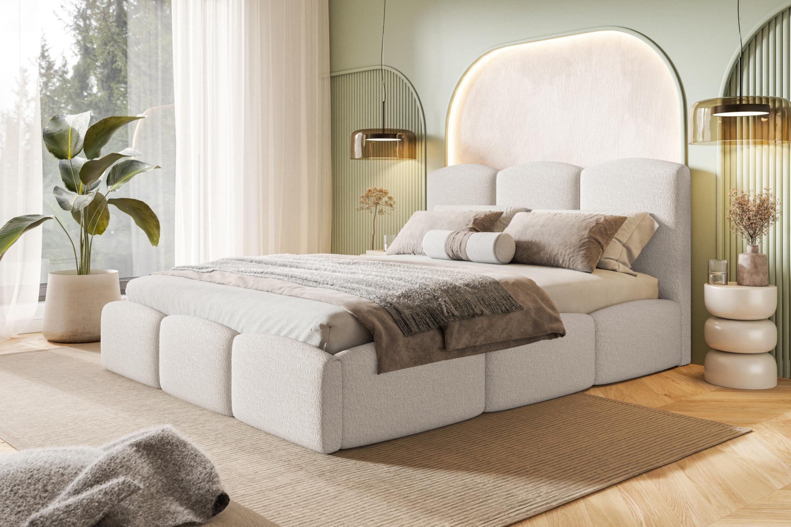 BETT 140x200 - Polsterbett mit Bettkasten und Metallrahmen - Modern Betten - Kuscheliger Catch-Me-Stoff - Kollektion Zoya - Weiß Textil Alpi-Möbel Möbel > Betten > Polsterbetten Weiß