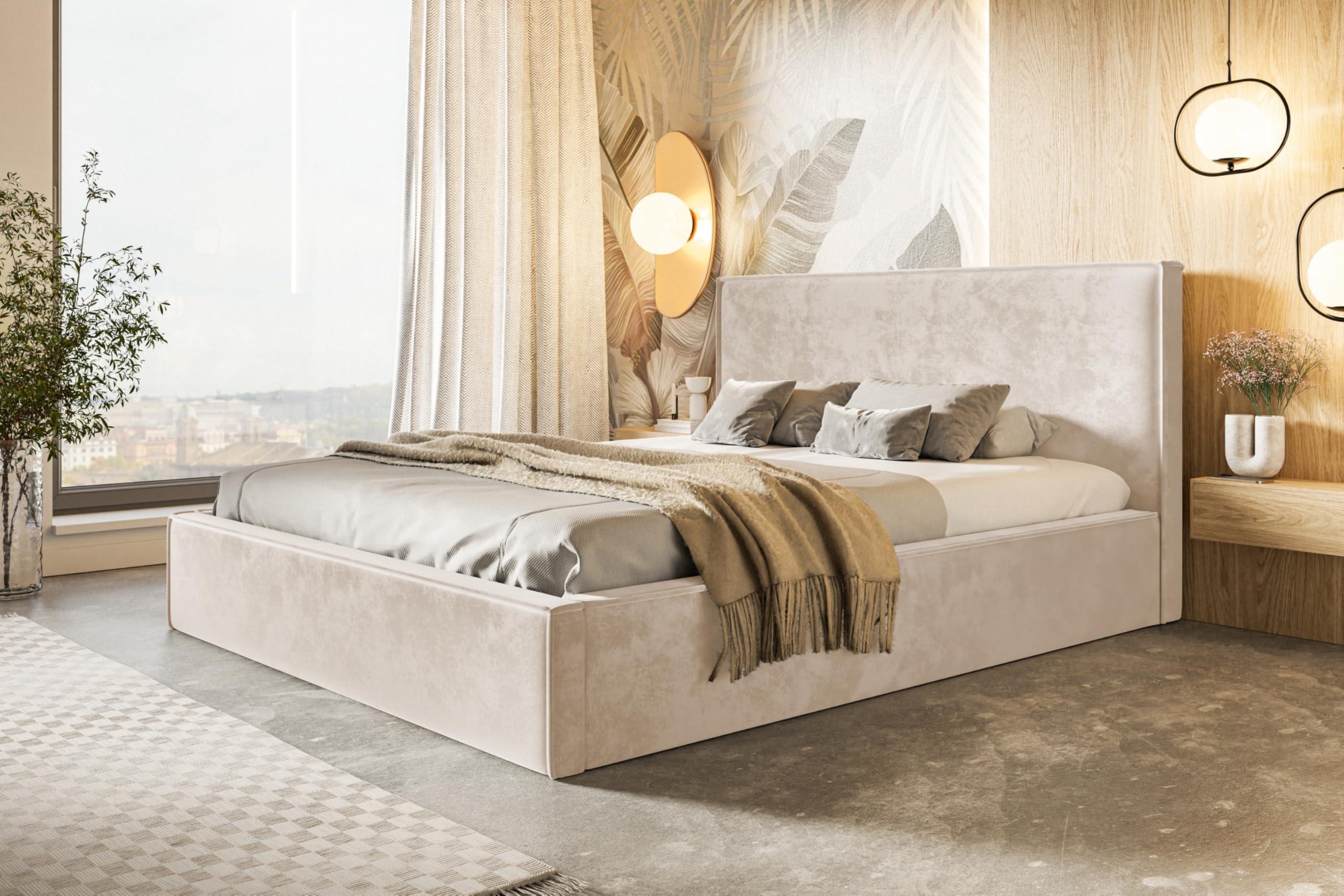 BETT 140x200 - Polsterbett mit Bettkasten und Holzrahmen - Modern Betten - Amor-Samtstoff - Kollektion Milano - Beige Textil Alpi-Möbel Möbel > Betten > Polsterbetten Beige