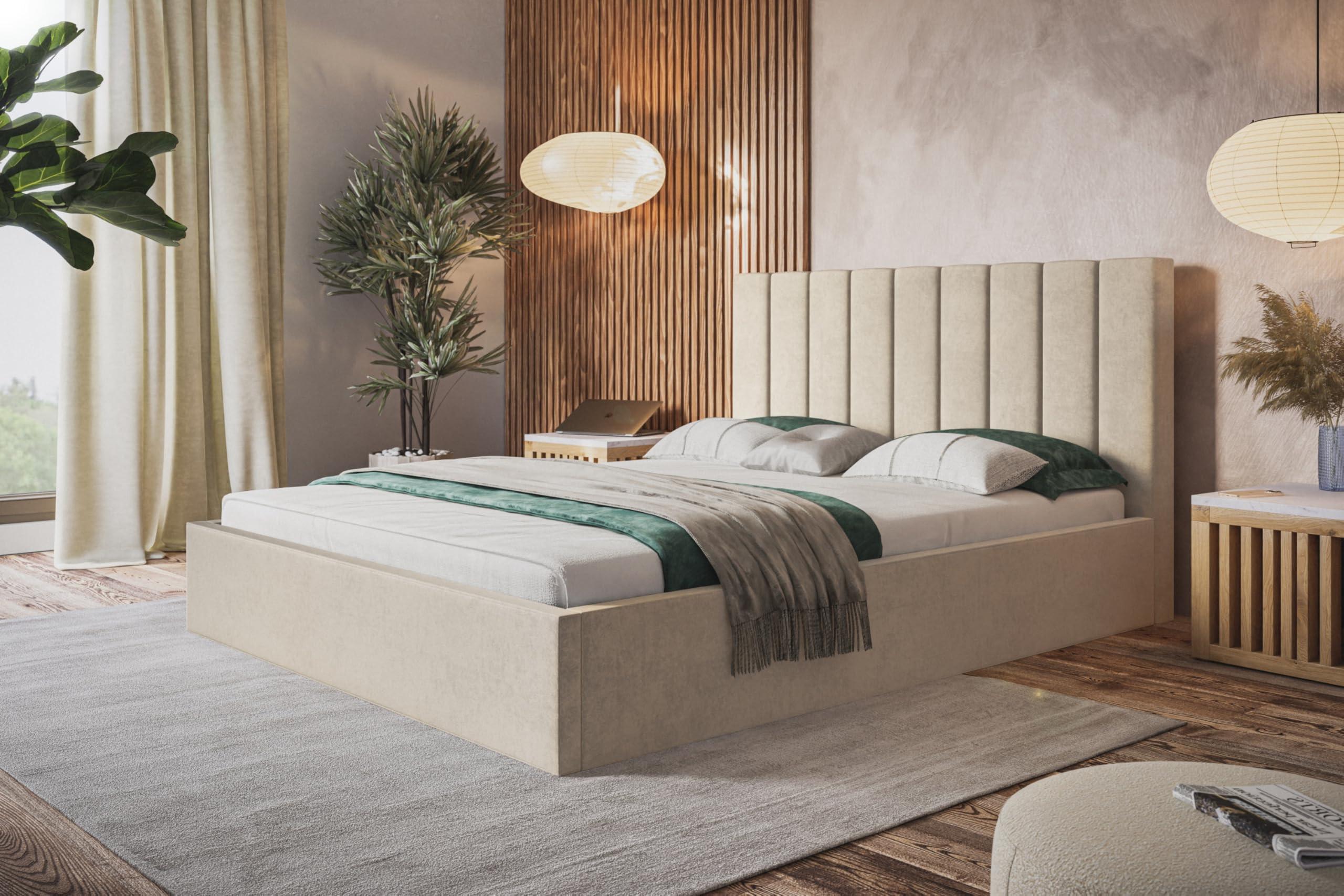 BETT 120x200 - Polsterbett mit Bettkasten und Metallrahmen - Modern Betten - Weicher Jasminstoff - Kollektion Sapporo - Beige Textil Alpi-Möbel Möbel > Betten > Polsterbetten Beige