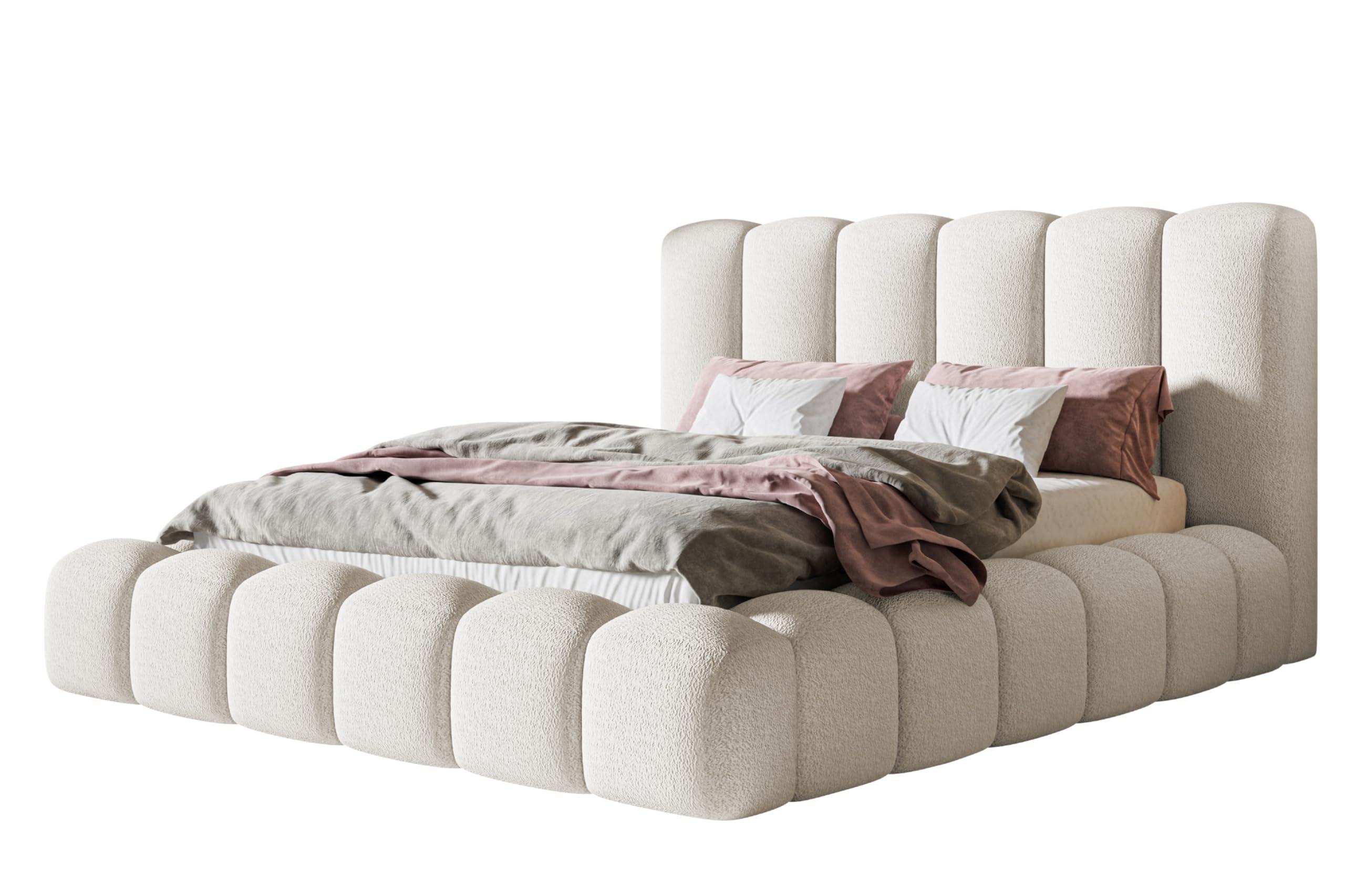 wohnli-moebel-suche-800001491534 Wohnli Möbelsuche - BETT 140x200 - Polsterbett mit Bettkasten und Metallrahmen - Modern Bett - Eleganter Catch Me-Stoff - Kollektion Nora Maxi - Weiß