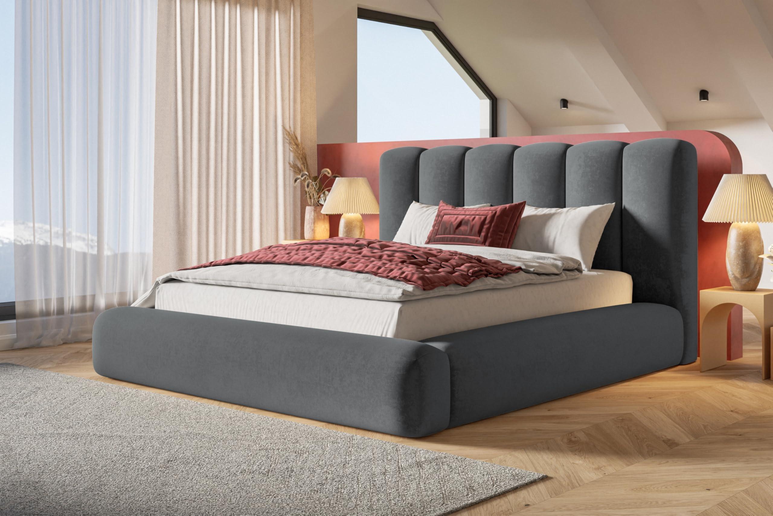 BETT 140x200 - Polsterbett mit Bettkasten und Holzrahmen - Modern Bett - Eleganter Jasmine-Stoff - Kollektion Alva Maxi - Grau Textil Alpi-Möbel Möbel > Betten > Polsterbetten Grau