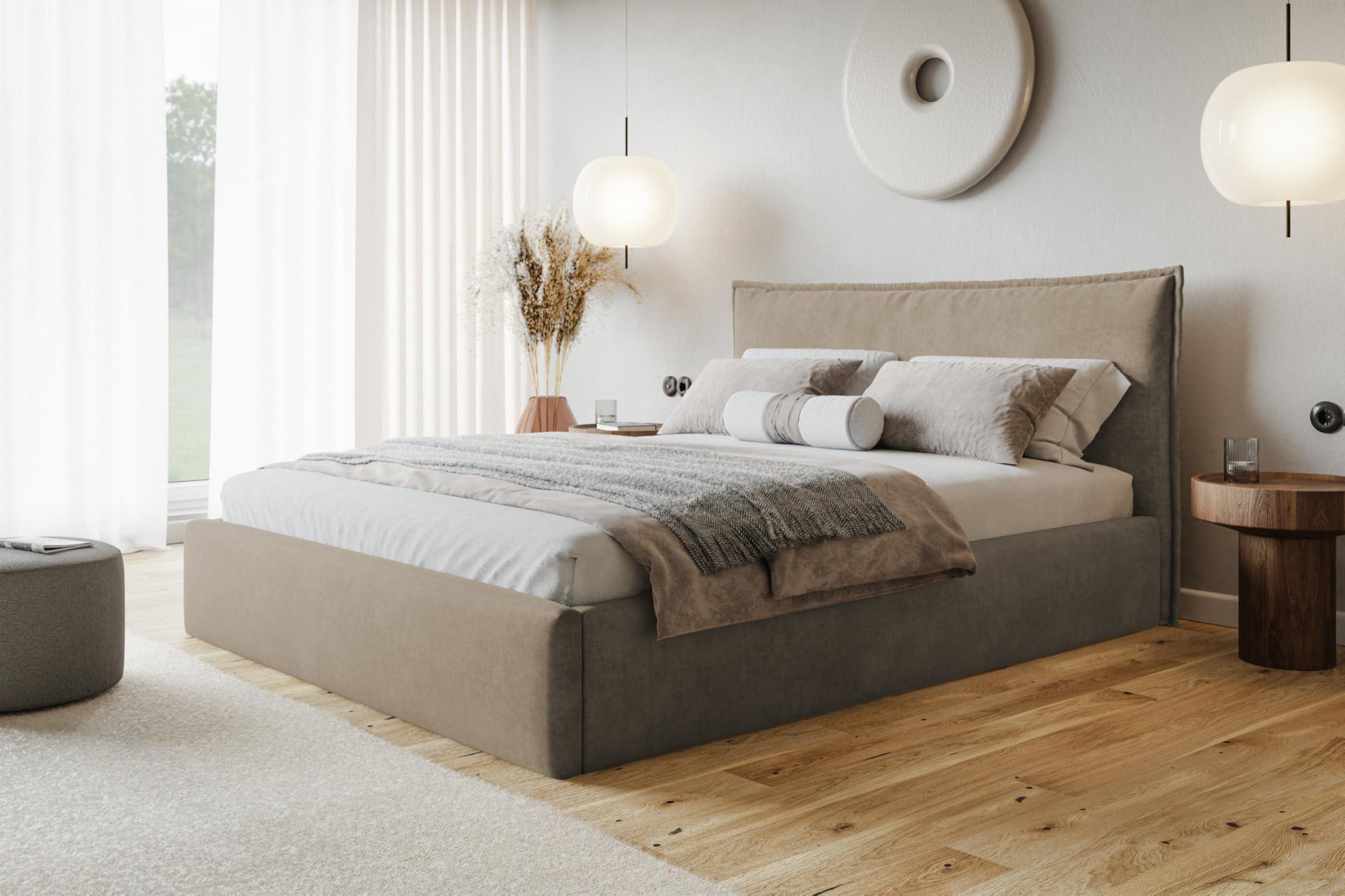 BETT 140x200 - Polsterbett mit Bettkasten und Metallrahmen - Modern Betten - Weicher Jasminstoff - Kollektion Rimini - Beige Textil Alpi-Möbel Möbel > Betten > Polsterbetten Beige