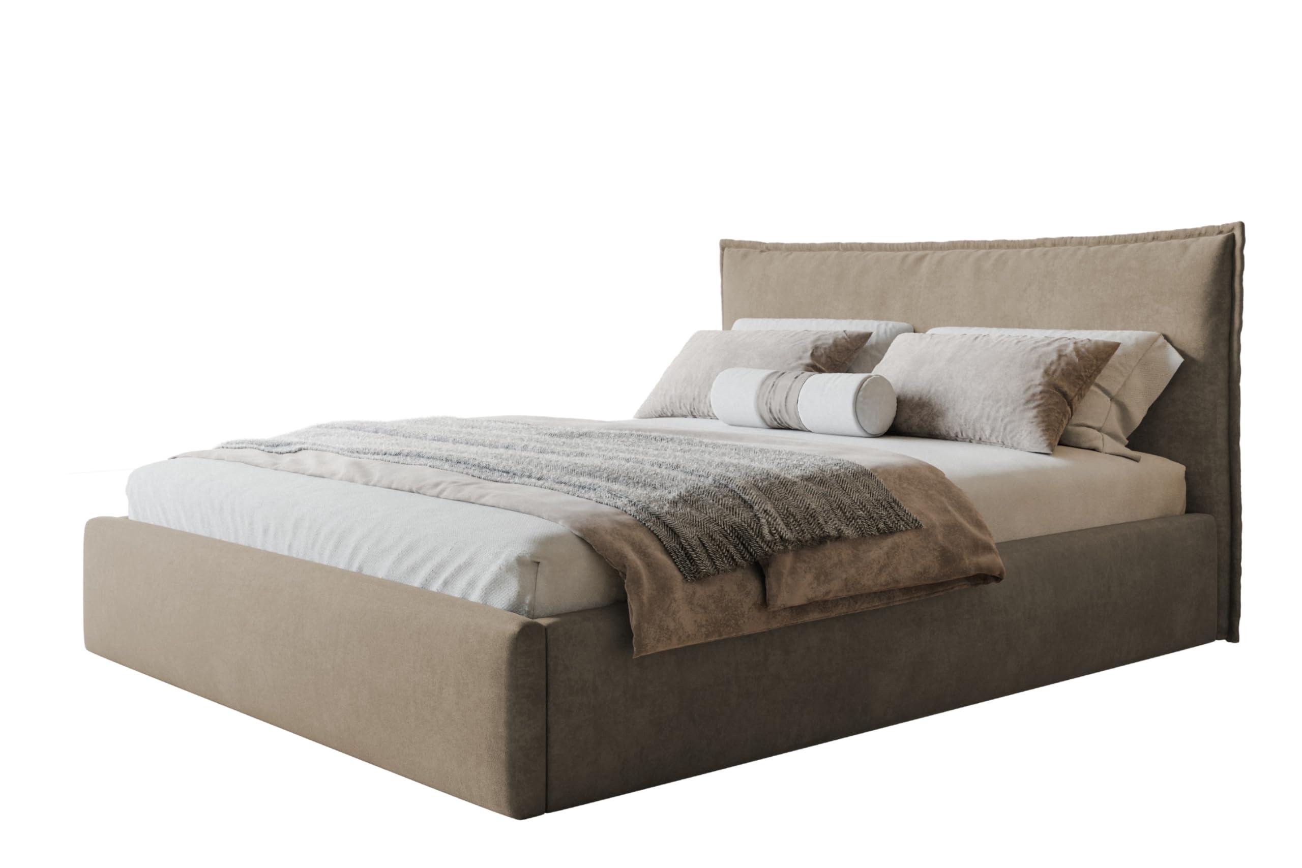 Wohnli Möbelsuche - BETT 140x200 - Polsterbett mit Bettkasten und Metallrahmen - Modern Betten - Weicher Jasminstoff - Kollektion Rimini - Beige
