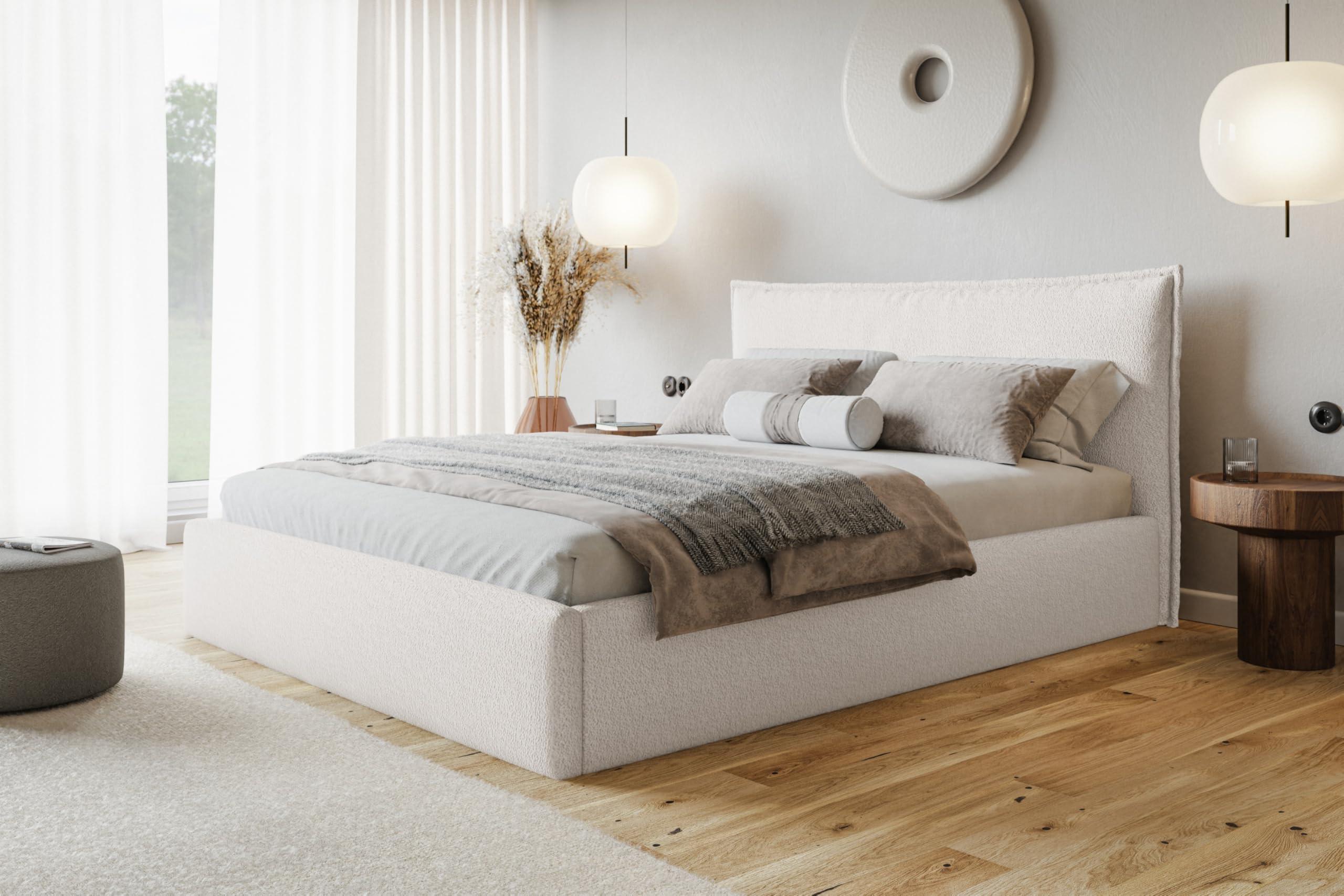 BETT 180x200 - Polsterbett mit Bettkasten und Holzrahmen - Modern Betten - Kuscheliger Catch-Me-Stoff - Kollektion Verona - Weiß Textil Alpi-Möbel Möbel > Betten > Polsterbetten Weiß