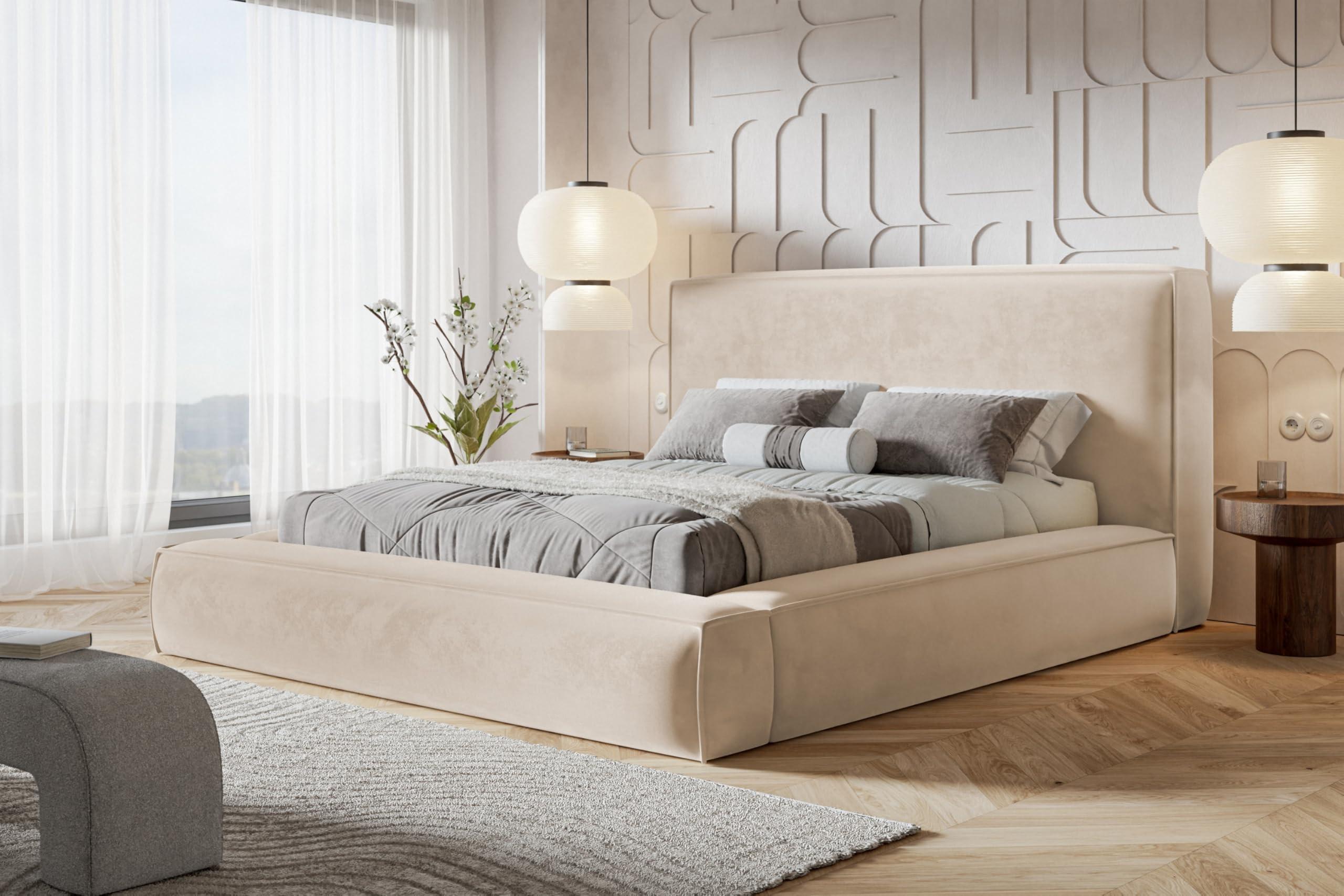 BETT 120x200 - Polsterbett mit Bettkasten und Holzrahmen - Modern Bett - Eleganter Amor-Velvet-Stoff - Kollektion Luna Maxi - Beige Textil Alpi-Möbel Möbel > Betten > Polsterbetten Beige