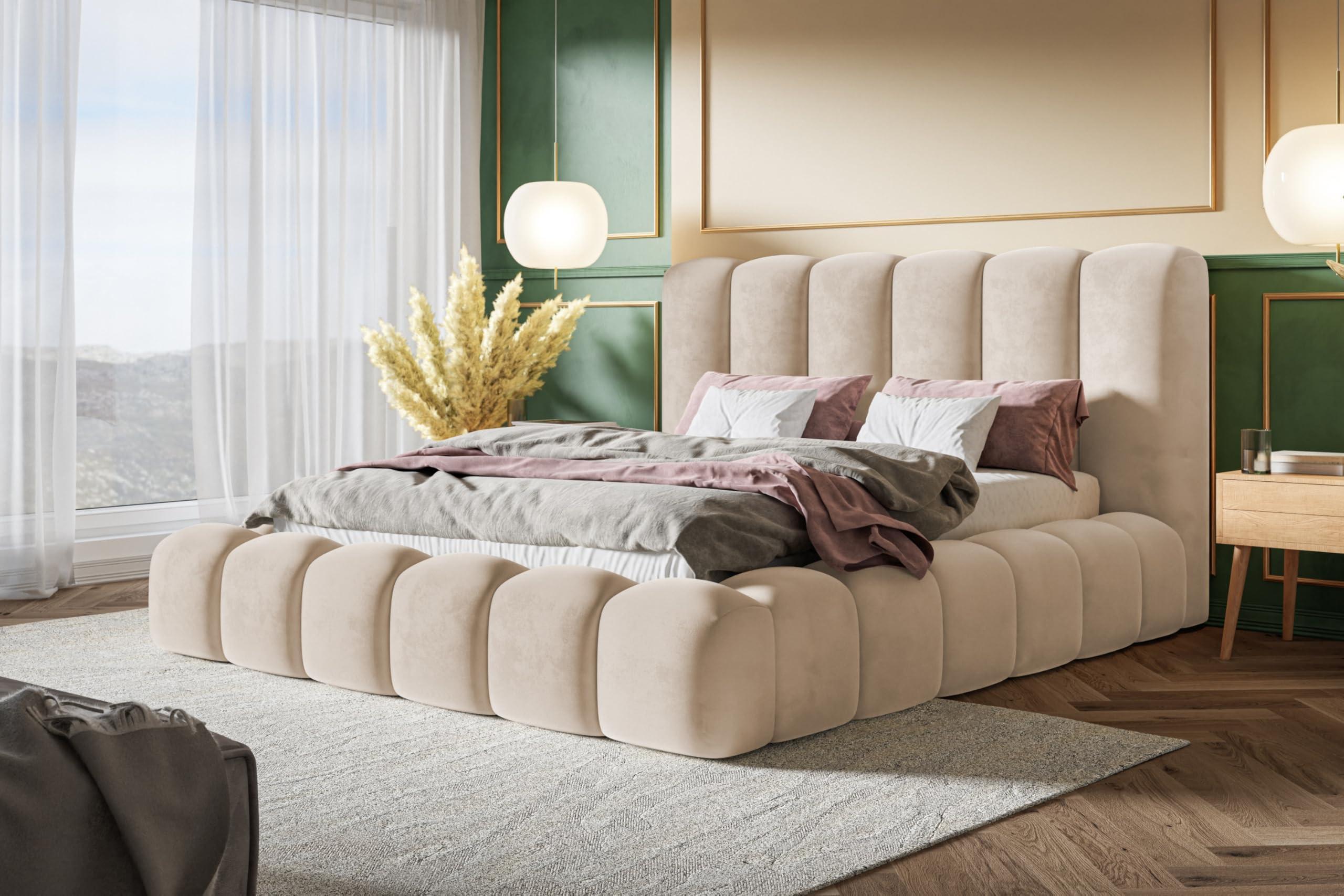 BETT 140x200 - Polsterbett mit Bettkasten und Holzrahmen - Modern Bett - Eleganter Amor-Velvet-Stoff - Kollektion Nora Maxi - Beige Textil Alpi-Möbel Möbel > Betten > Polsterbetten Beige