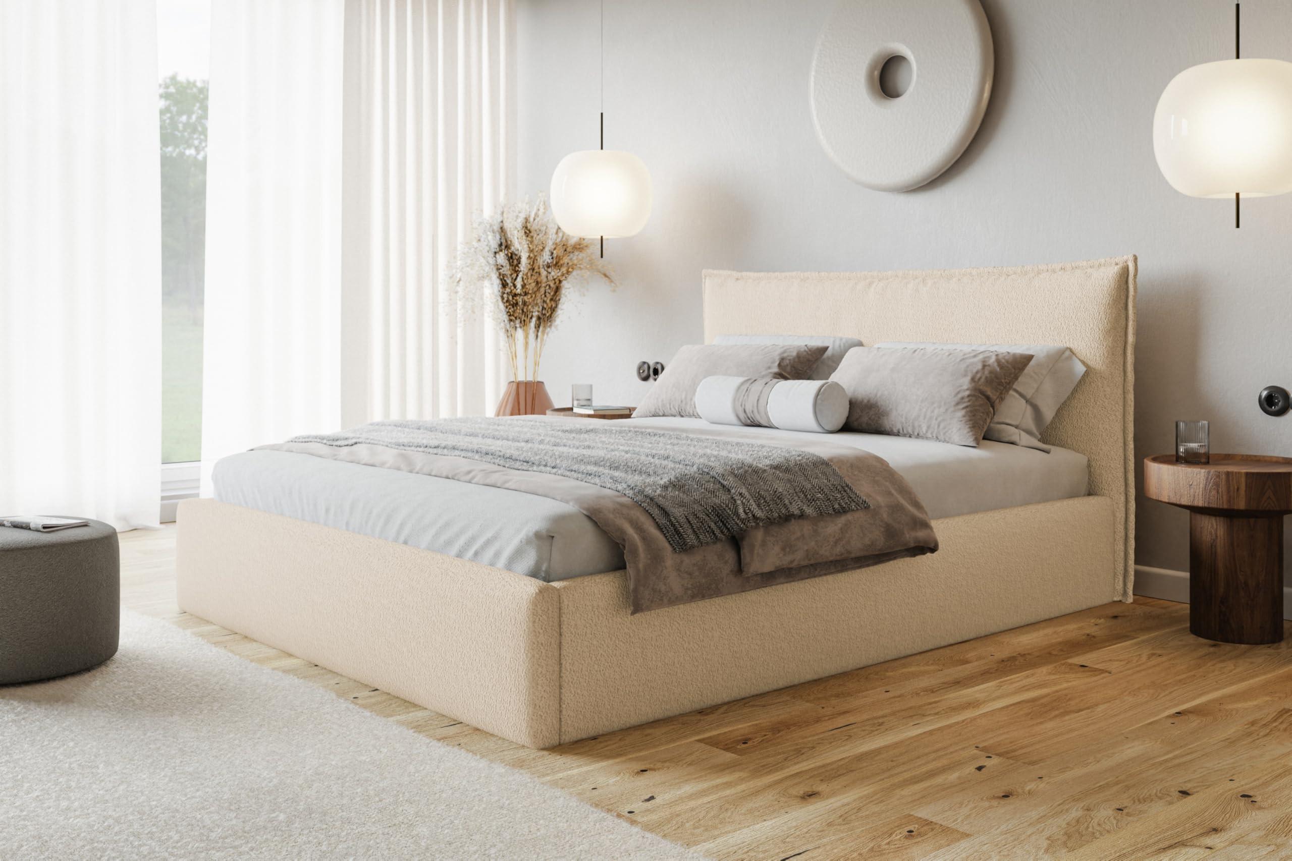 BETT 180x200 - Polsterbett mit Bettkasten und Holzrahmen - Modern Betten - Kuscheliger Catch-Me-Stoff - Kollektion Verona - Beige Textil Alpi-Möbel Möbel > Betten > Polsterbetten Beige