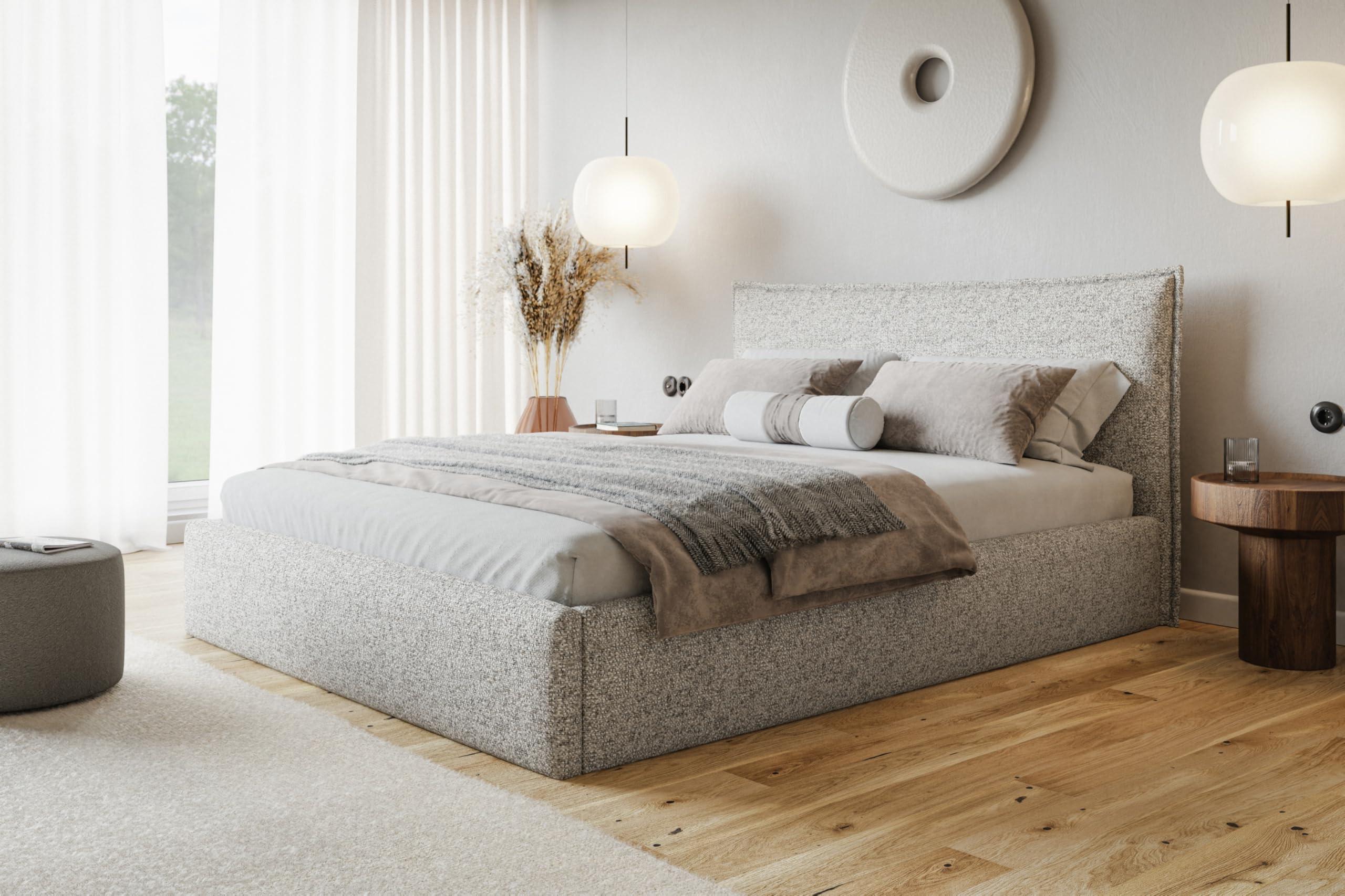 BETT 160x200 - Polsterbett mit Bettkasten und Metallrahmen - Modern Betten - Eleganter Puente-Stoff - Kollektion Rimini - Beige Melange Textil Alpi-Möbel Möbel > Betten > Polsterbetten Beige
