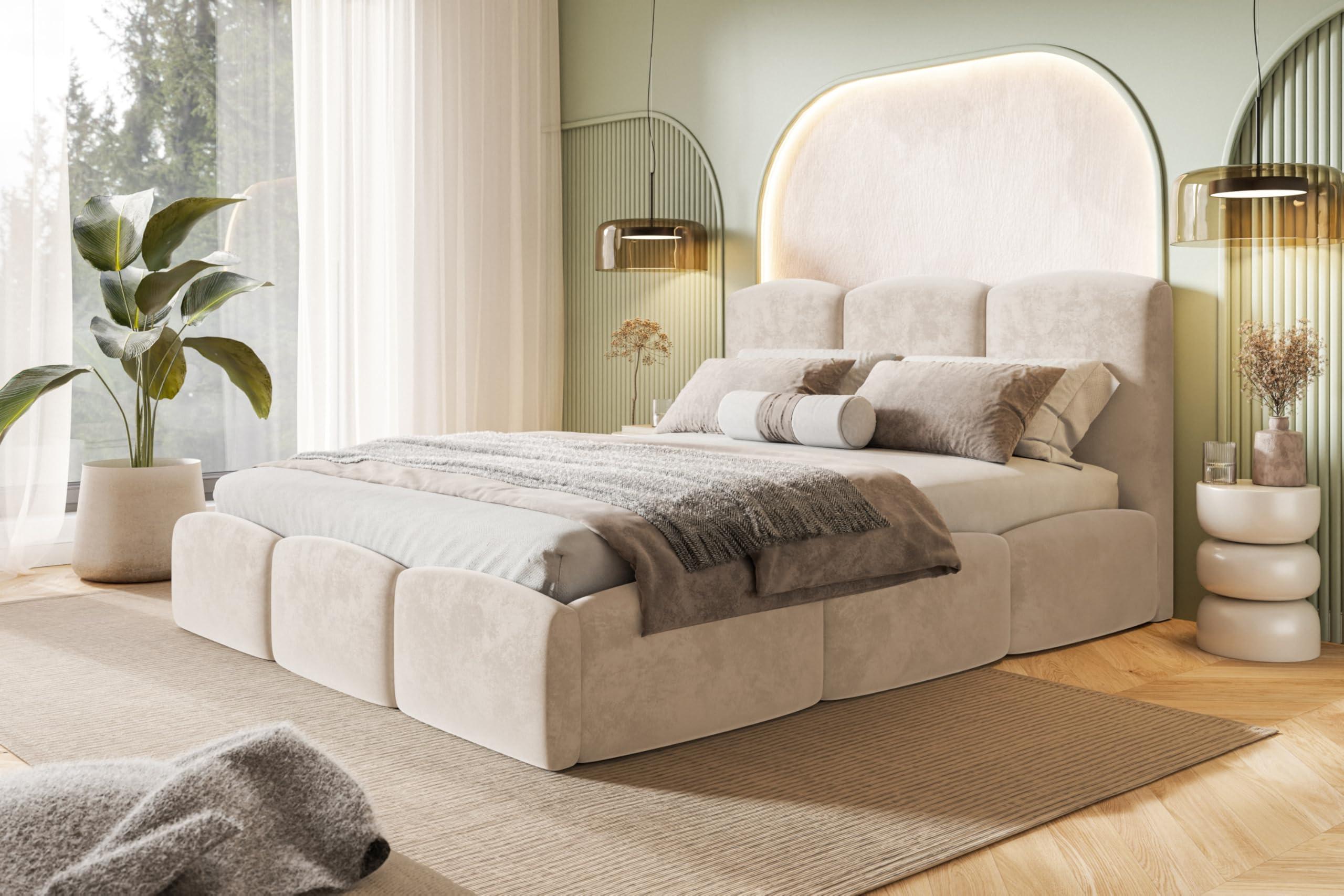 BETT 120x200 - Polsterbett mit Bettkasten und Holzrahmen - Modern Betten - Weicher Jasminstoff - Kollektion Zoya - Beige Textil Alpi-Möbel Möbel > Betten > Polsterbetten Beige