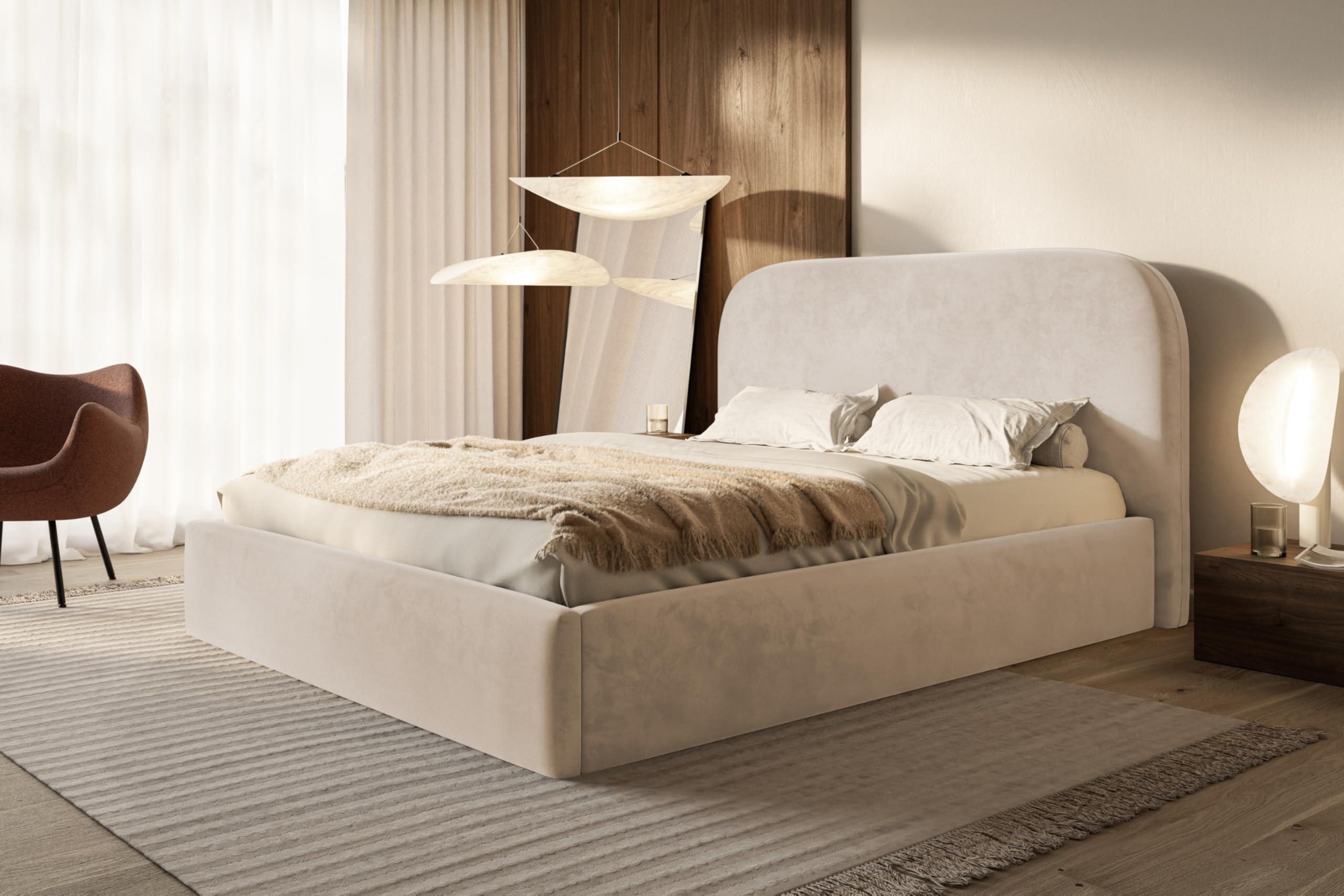 BETT 160x200 - Polsterbett mit Bettkasten und Metallrahmen - Modern Betten - Amor-Samtstoff - Kollektion Verona - Beige Textil Alpi-Möbel Möbel > Betten > Polsterbetten Beige