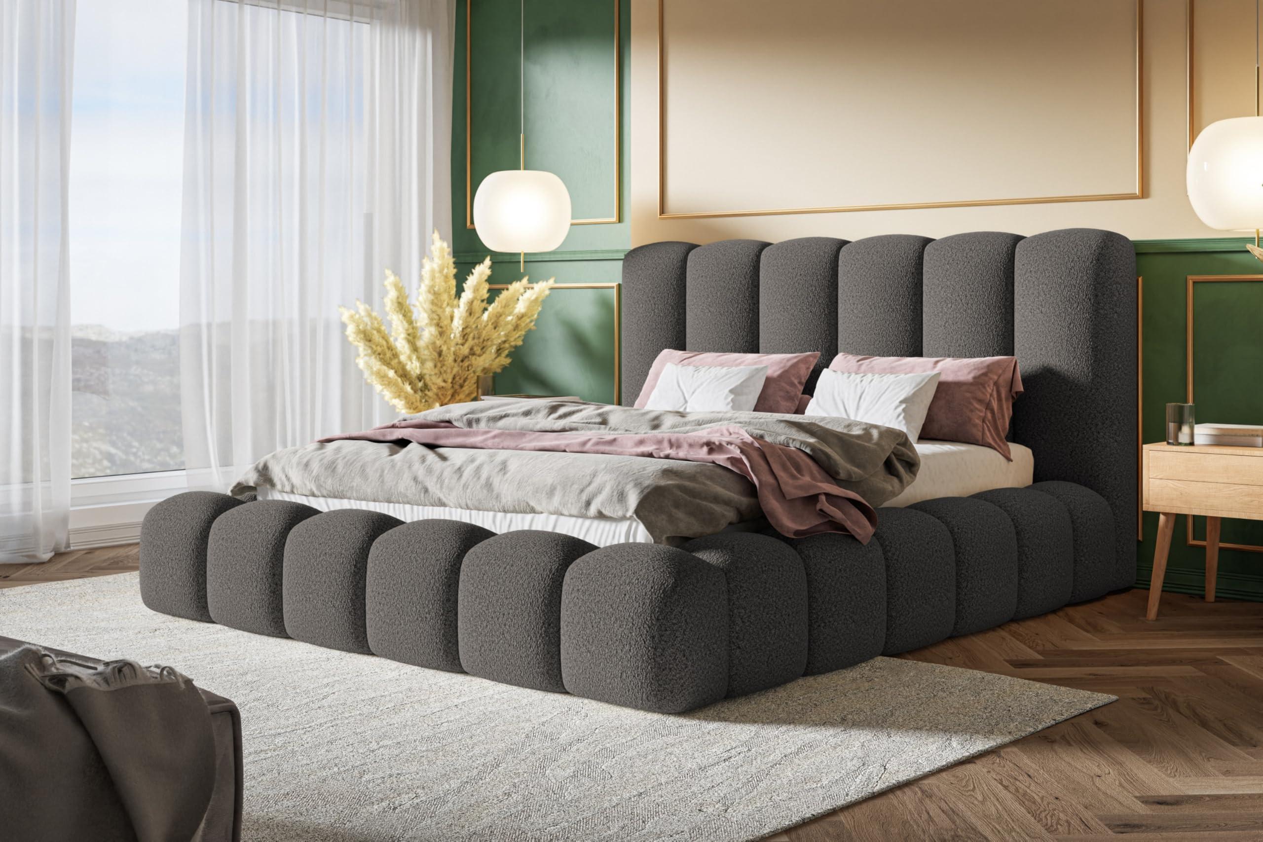 BETT 140x200 - Polsterbett mit Bettkasten und Holzrahmen - Modern Bett - Eleganter Catch Me-Stoff - Kollektion Nora Maxi - Grau Textil Alpi-Möbel Möbel > Betten > Polsterbetten Grau