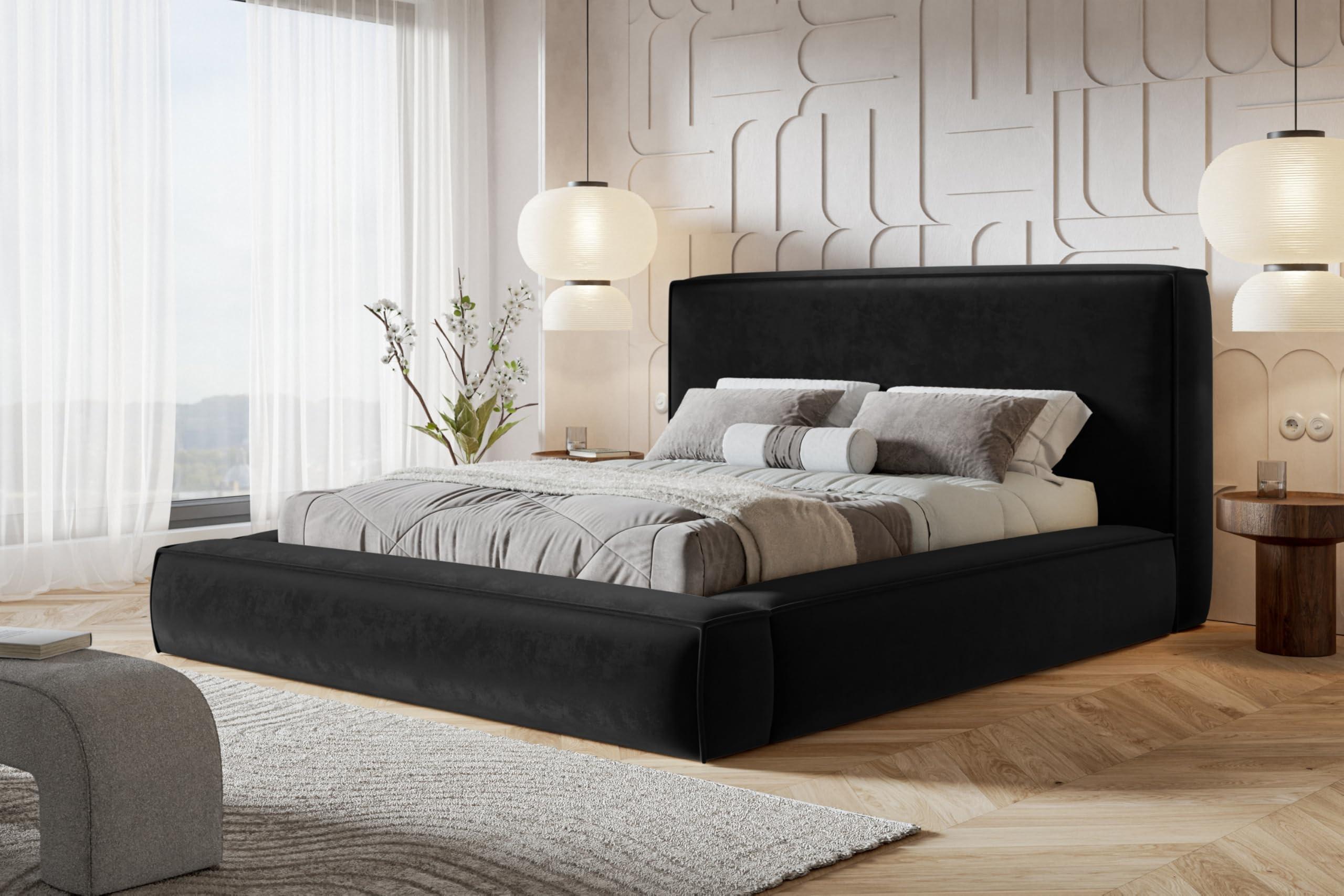 BETT 140x200 - Polsterbett mit Bettkasten und Holzrahmen - Modern Bett - Eleganter Amor-Velvet-Stoff - Kollektion Luna Maxi - Schwarz Textil Alpi-Möbel Möbel > Betten > Polsterbetten Schwarz