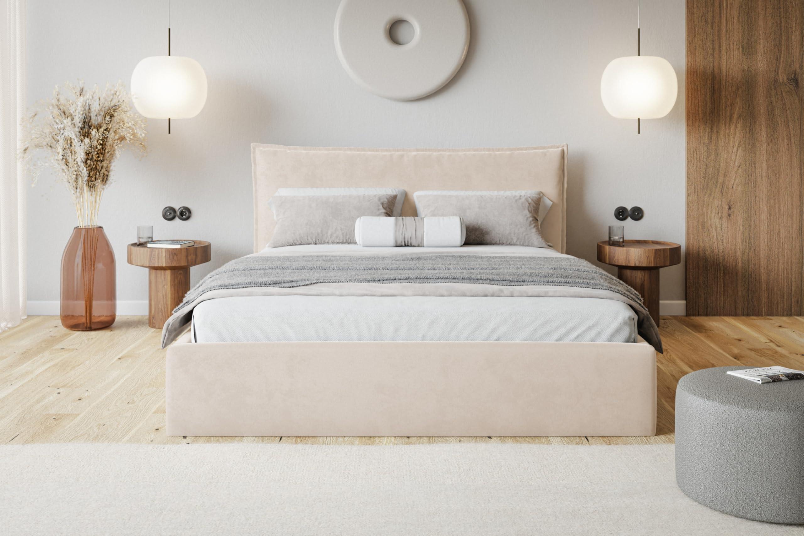 BETT 200x200 - Polsterbett mit Bettkasten und Metallrahmen - Modern Betten - Amor-Samtstoff - Kollektion Rimini - Beige Textil Alpi-Möbel Möbel > Betten > Polsterbetten Beige